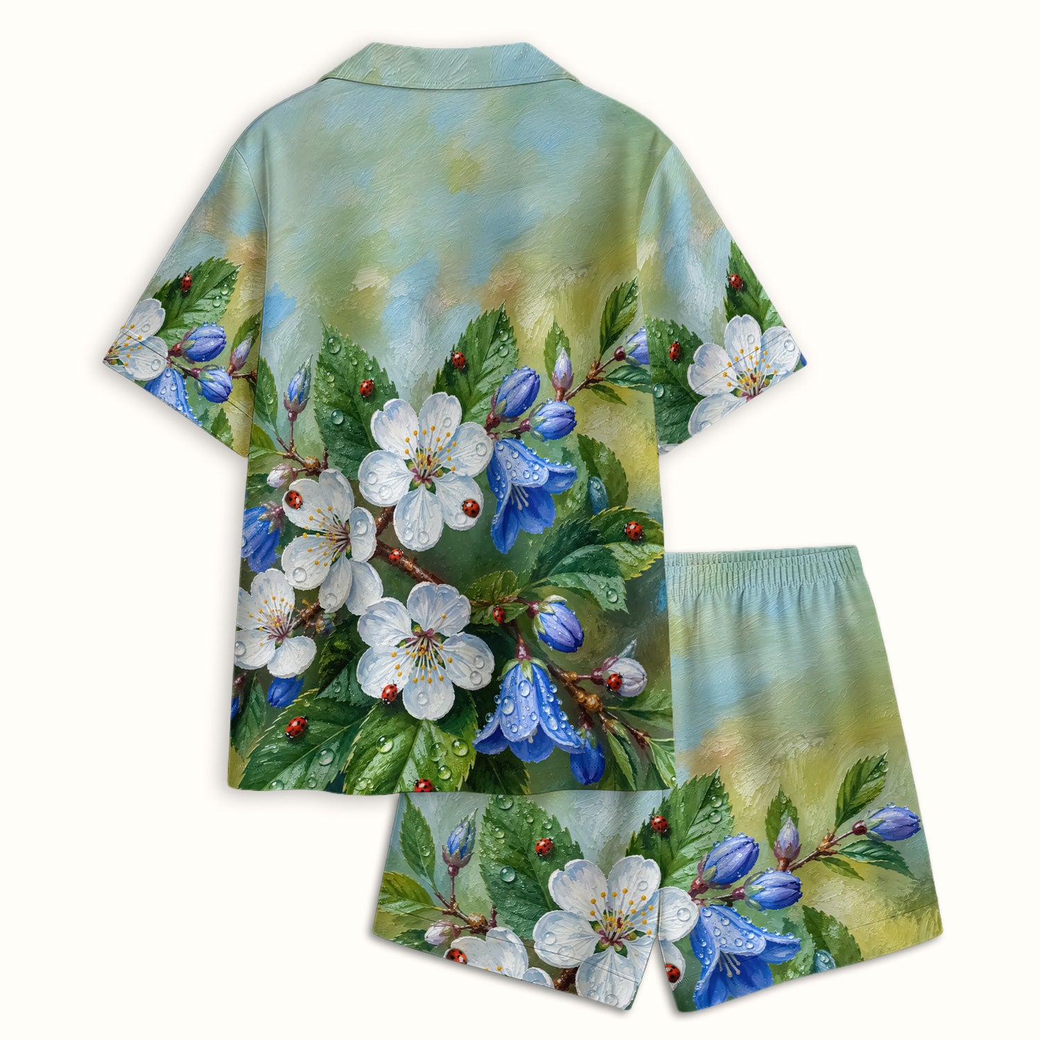 Cute Ladybug Blossom Garden Pattern Pajama Set, Soft Breathable Fabric Comfortable Sleepwear