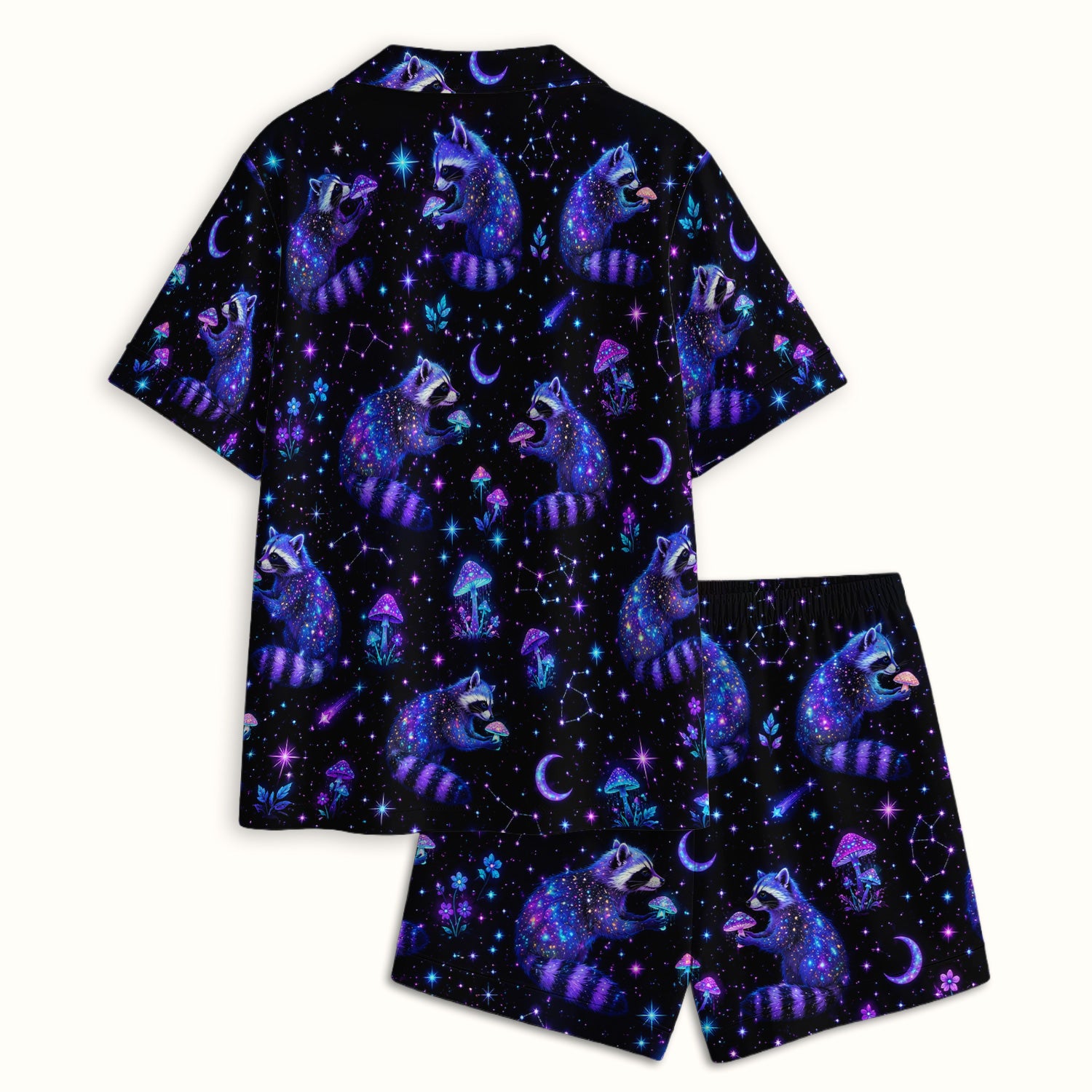 Galaxy Raccoon With Mushroom Night Pajama Set, Soft Breathable Fabric Comfortable Sleepwear