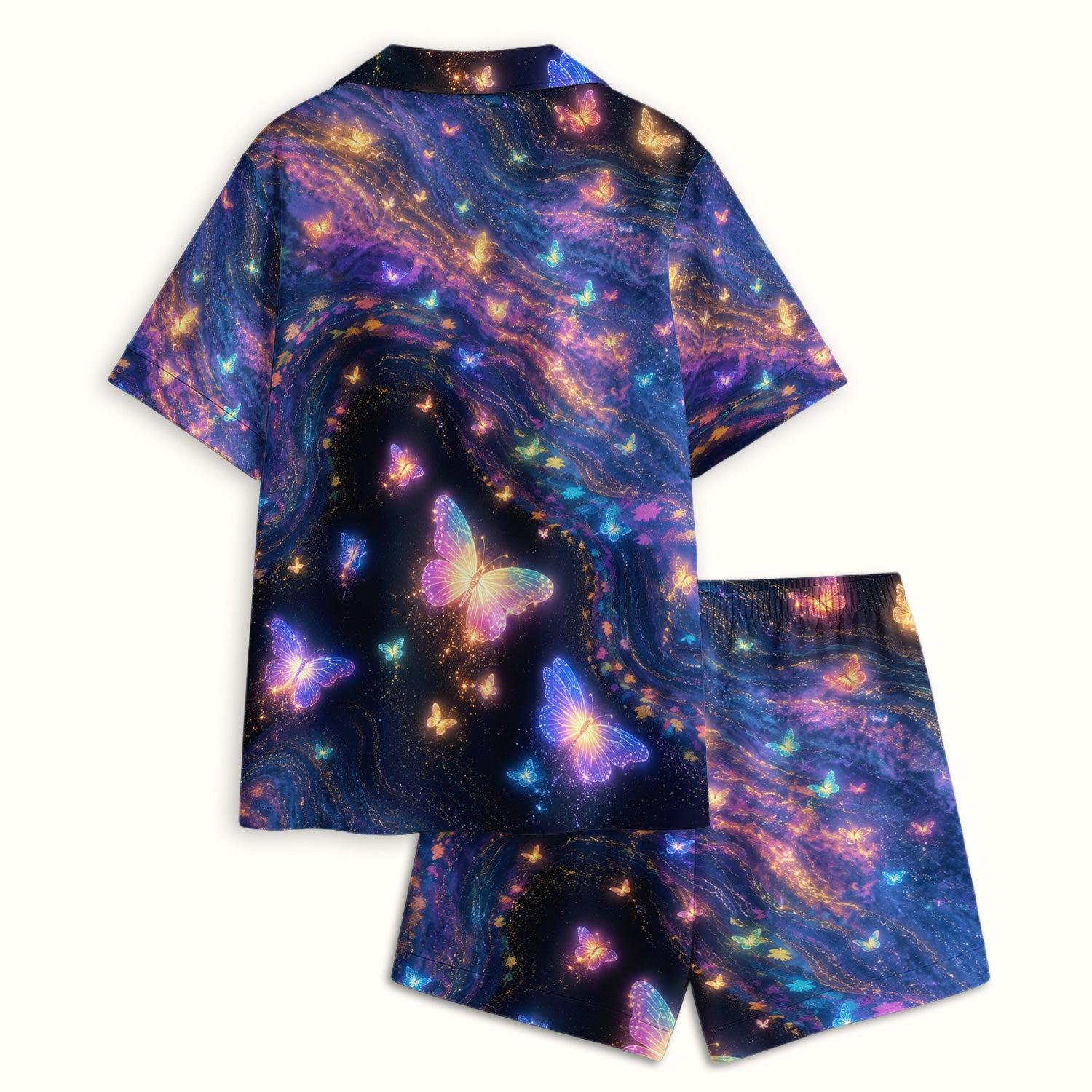 Neon Butterfly Galaxy Marble Print Pajama Set, Soft Breathable Fabric Comfortable Sleepwear