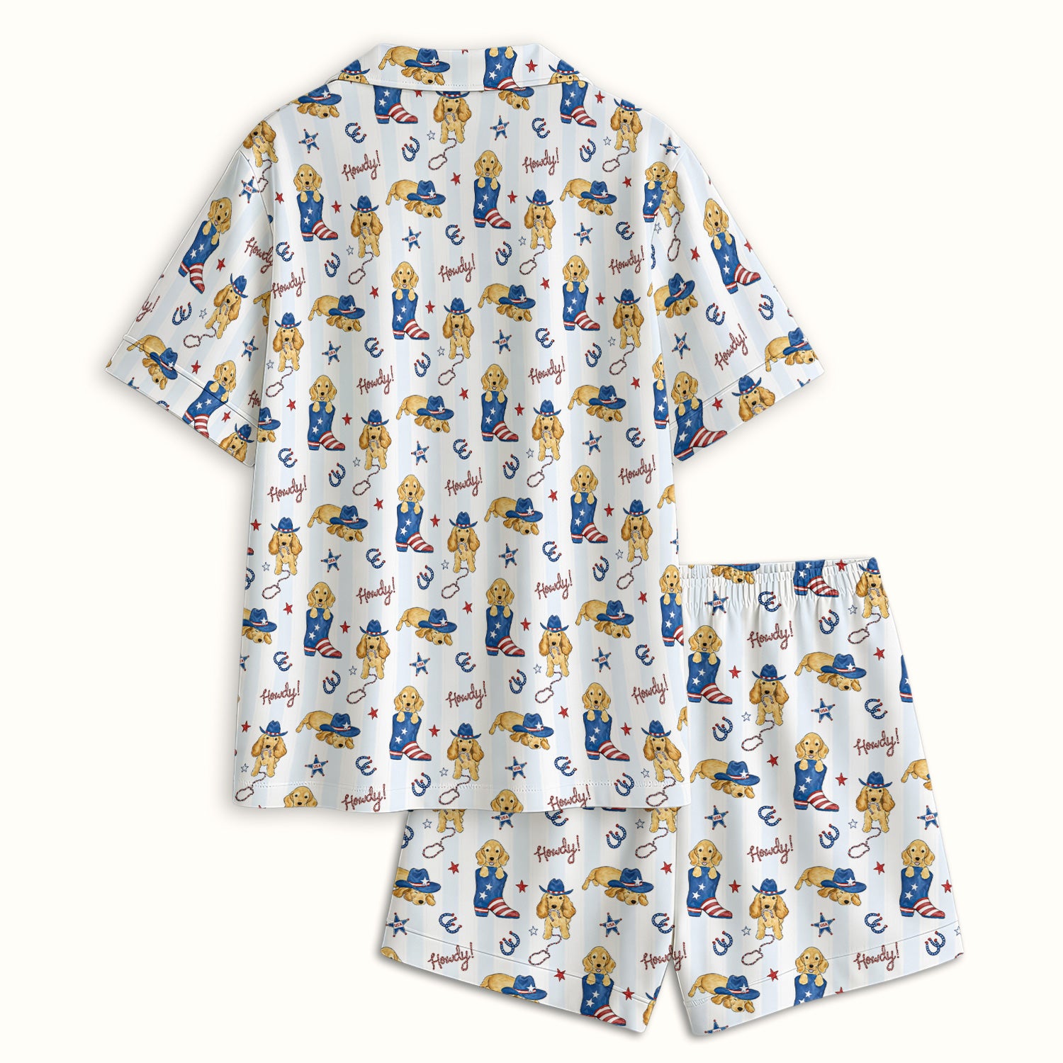 Patriotic Howdy Golden Dog Western Pattern Pajama Set, Soft Breathable Fabric Comfortable Sleepwear