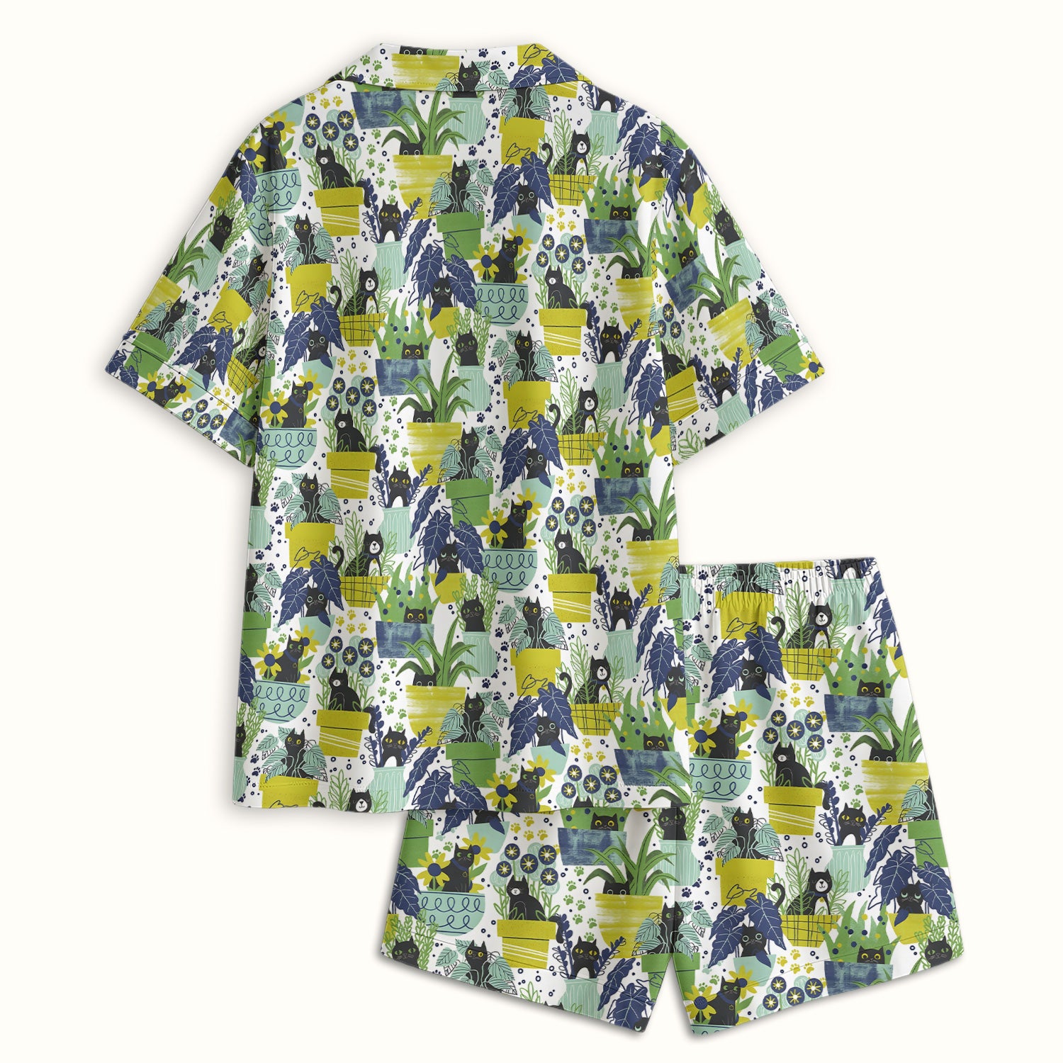 Black Cat Planter Garden Pattern Pajama Set, Soft Breathable Fabric Comfortable Sleepwear