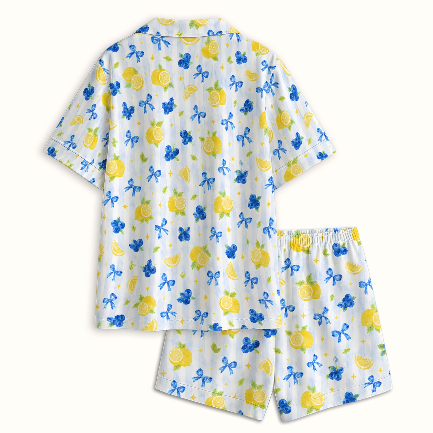 Lemon Blueberry Bow Nurse Print Pajama Set, Soft Breathable Fabric Comfortable Sleepwear