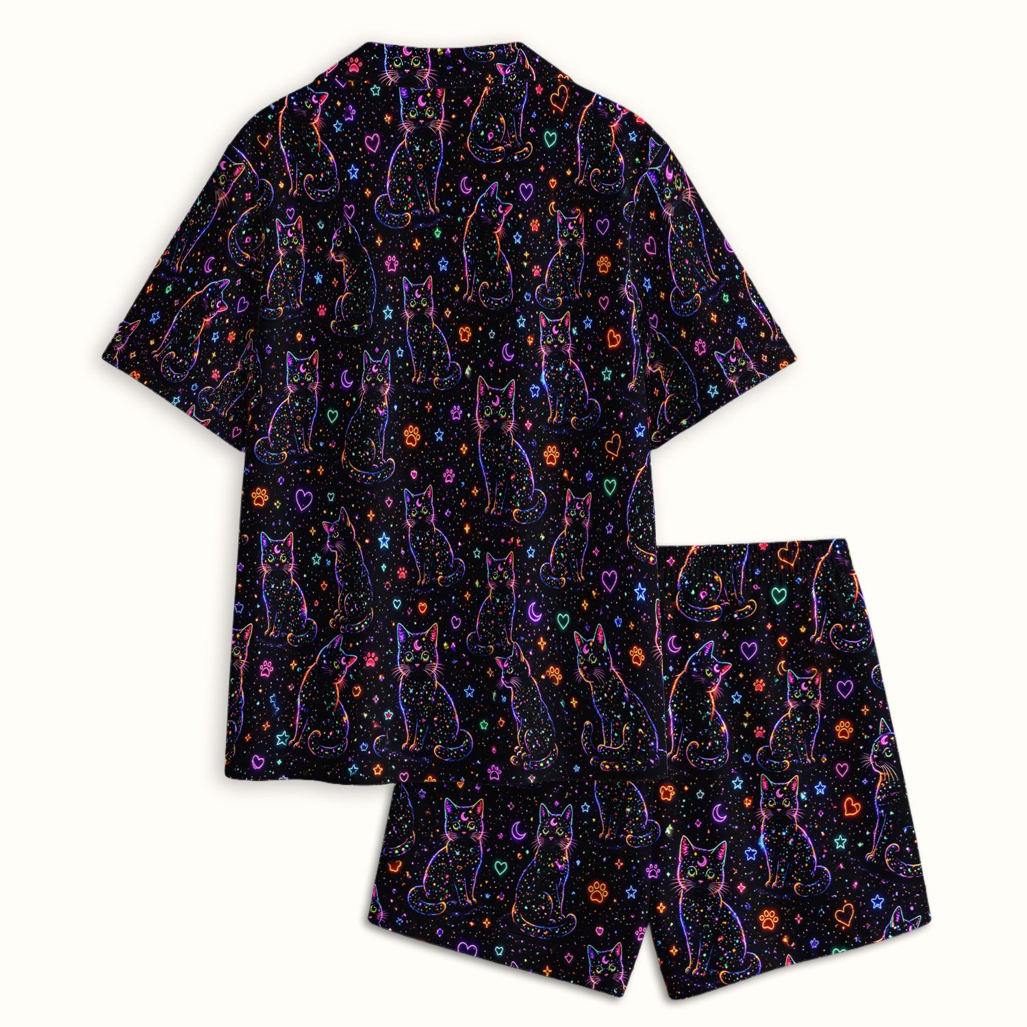 Mystical Cosmic Moon Cat Pattern Pajama Set, Soft Breathable Fabric Comfortable Sleepwear