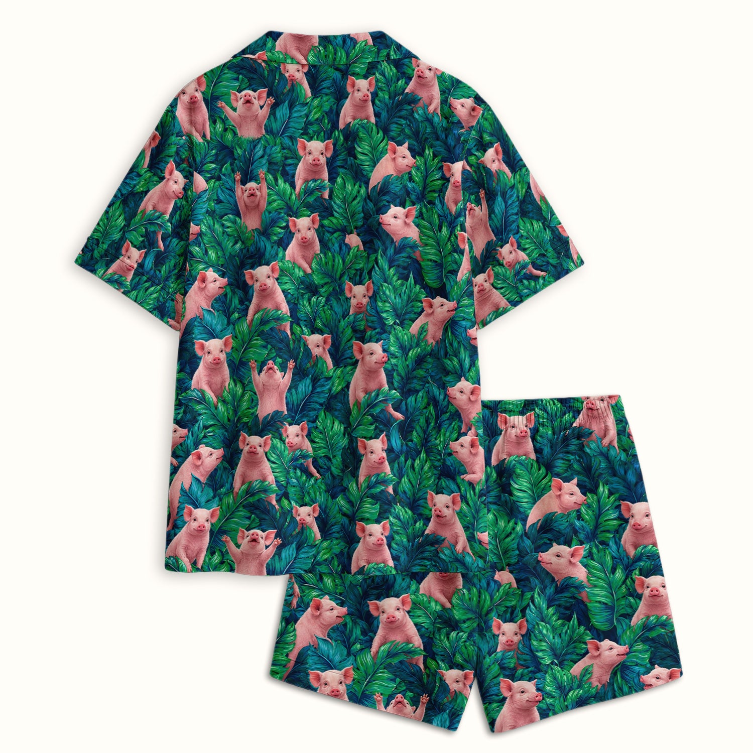 Cute Piglet Jungle Leaves Pattern Pajama Set, Soft Breathable Fabric Comfortable Sleepwear