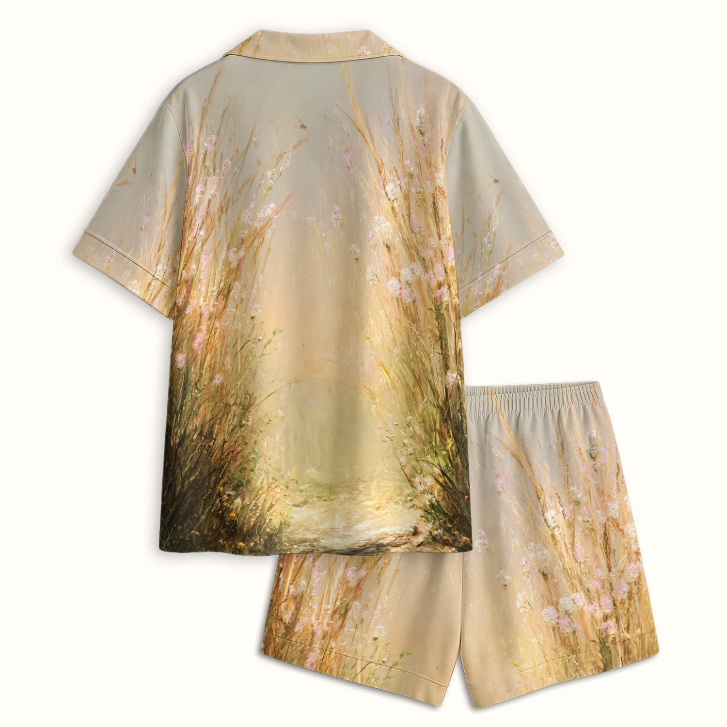Happy Pig Running Meadow Pattern Nurse Pajama Set, Soft Breathable Fabric Comfortable Sleepwear
