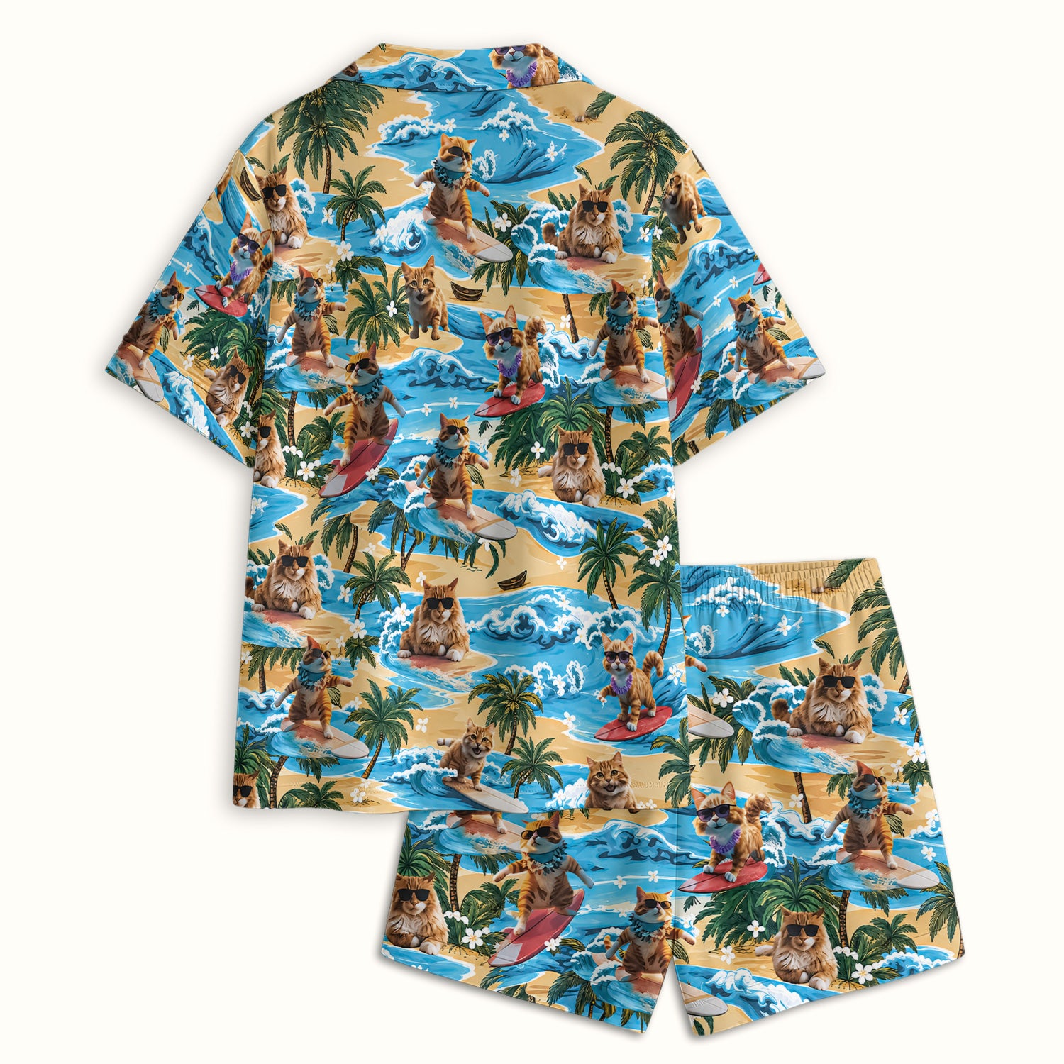 Tropical Surfing Cat with Beach Wave Island Print Pajama Set, Soft Breathable Fabric Comfortable Sleepwear