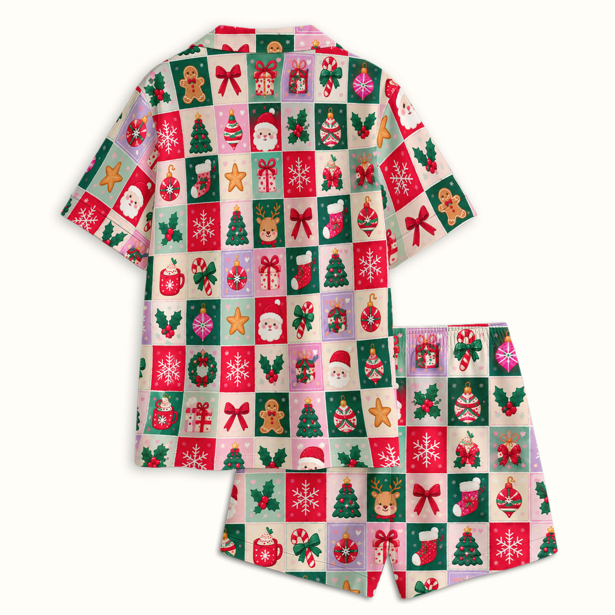 Cute Christmas Santa Patchwork Pajama Set, Soft Breathable Fabric Comfortable Sleepwear