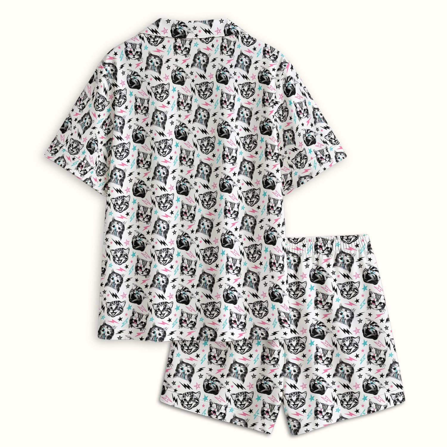 Playful Cat Faces Lightning Pattern Pajama Set, Soft Breathable Fabric Comfortable Sleepwear