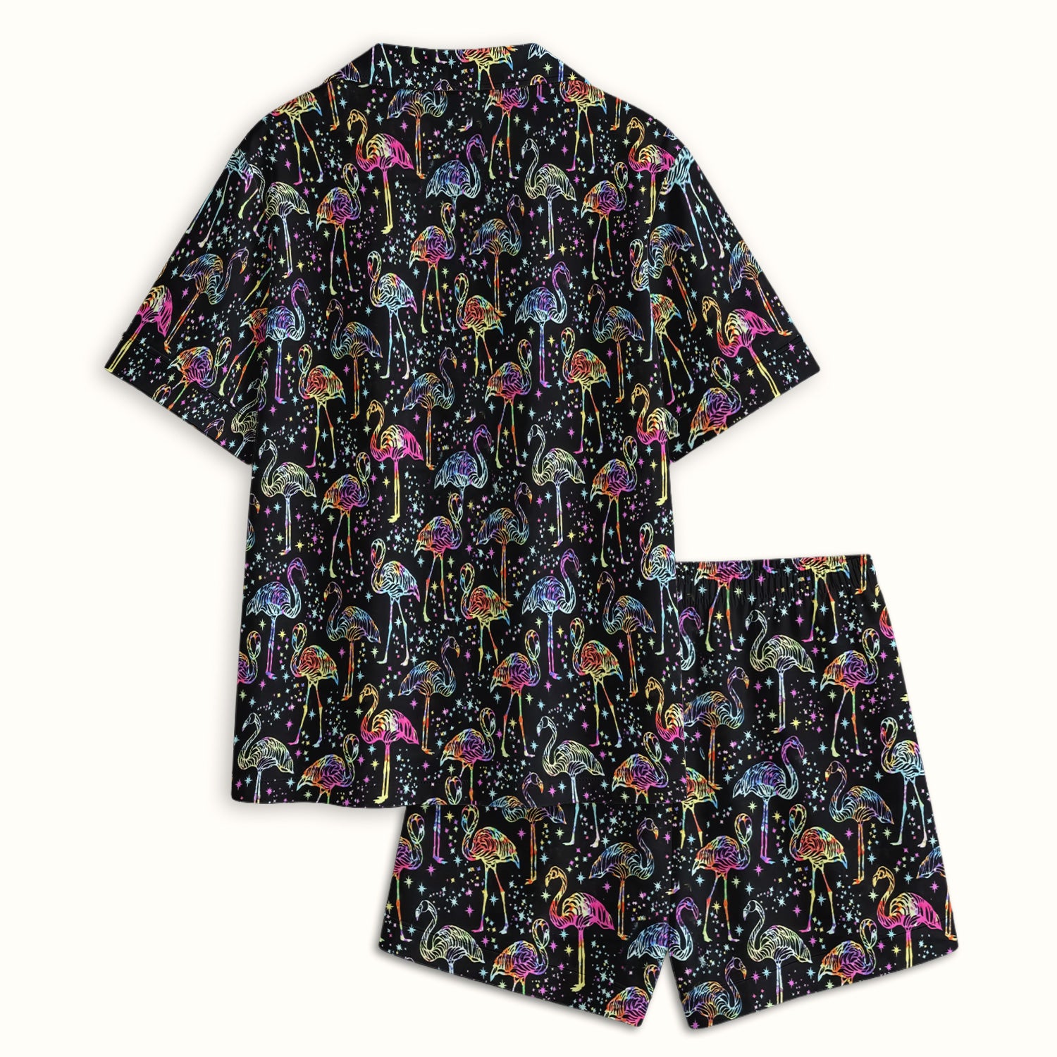 Neon Flamingo Starry Night Pattern Pajama Set, Soft Breathable Fabric Comfortable Sleepwear