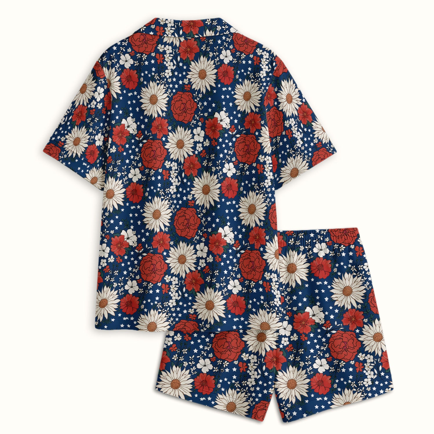 Red White Blue Floral Pattern Pajama Set, Soft Breathable Fabric Comfortable Sleepwear