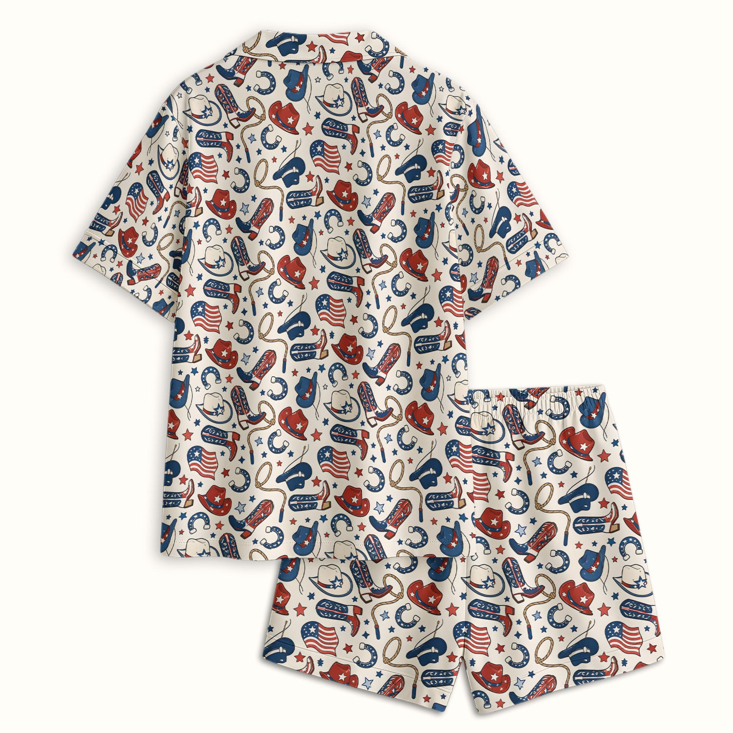 Patriotic Cowboy Boots Horseshoe Pattern Pajama Set, Soft Breathable Fabric Comfortable Sleepwear