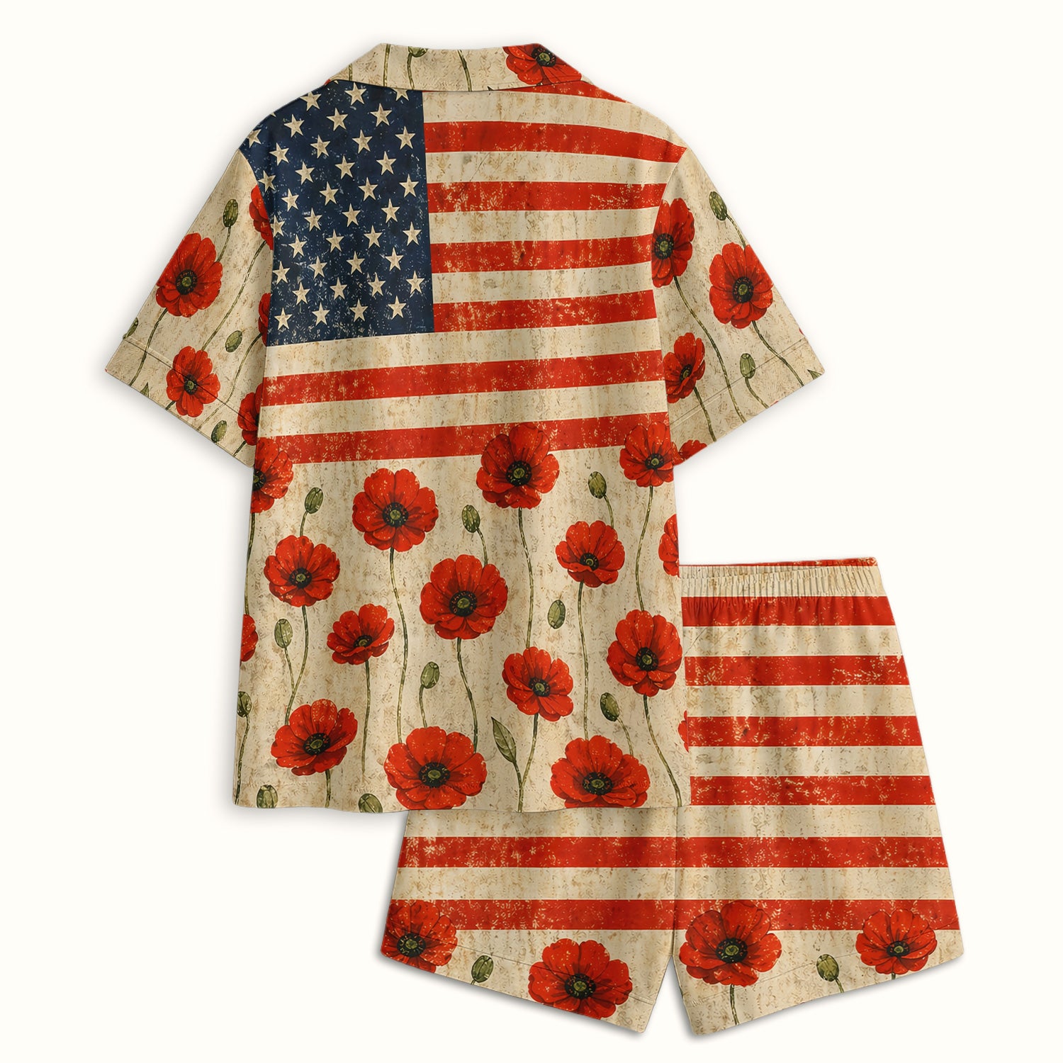 Patriotic American Flag Poppy Flower Pattern Pajama Set, Soft Breathable Fabric Comfortable Sleepwear