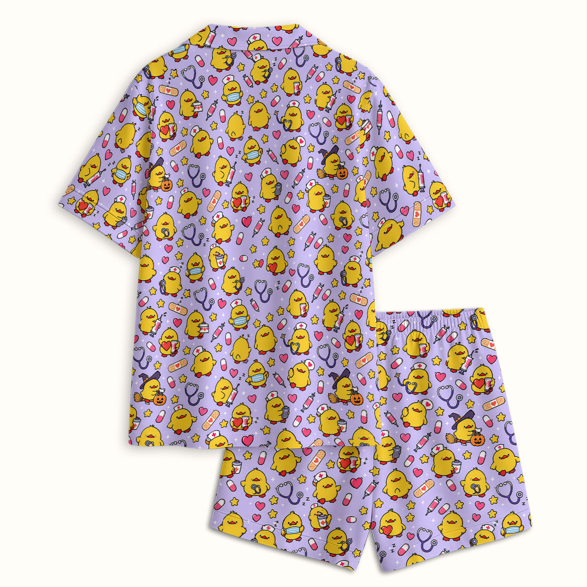 Cute Nurse Chicks And Medical Icons Pajama Set, Soft Breathable Fabric Comfortable Sleepwear
