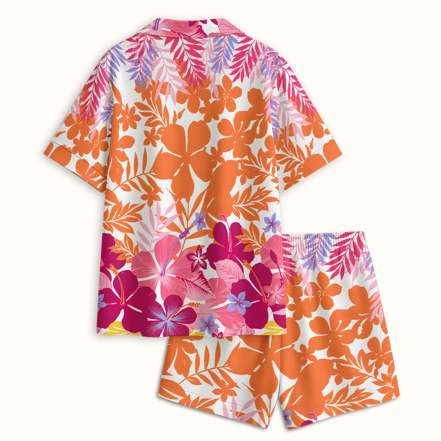 Cheerful Tropical Hibiscus Bloom Pattern Pajama Set, Soft Breathable Fabric Comfortable Sleepwear