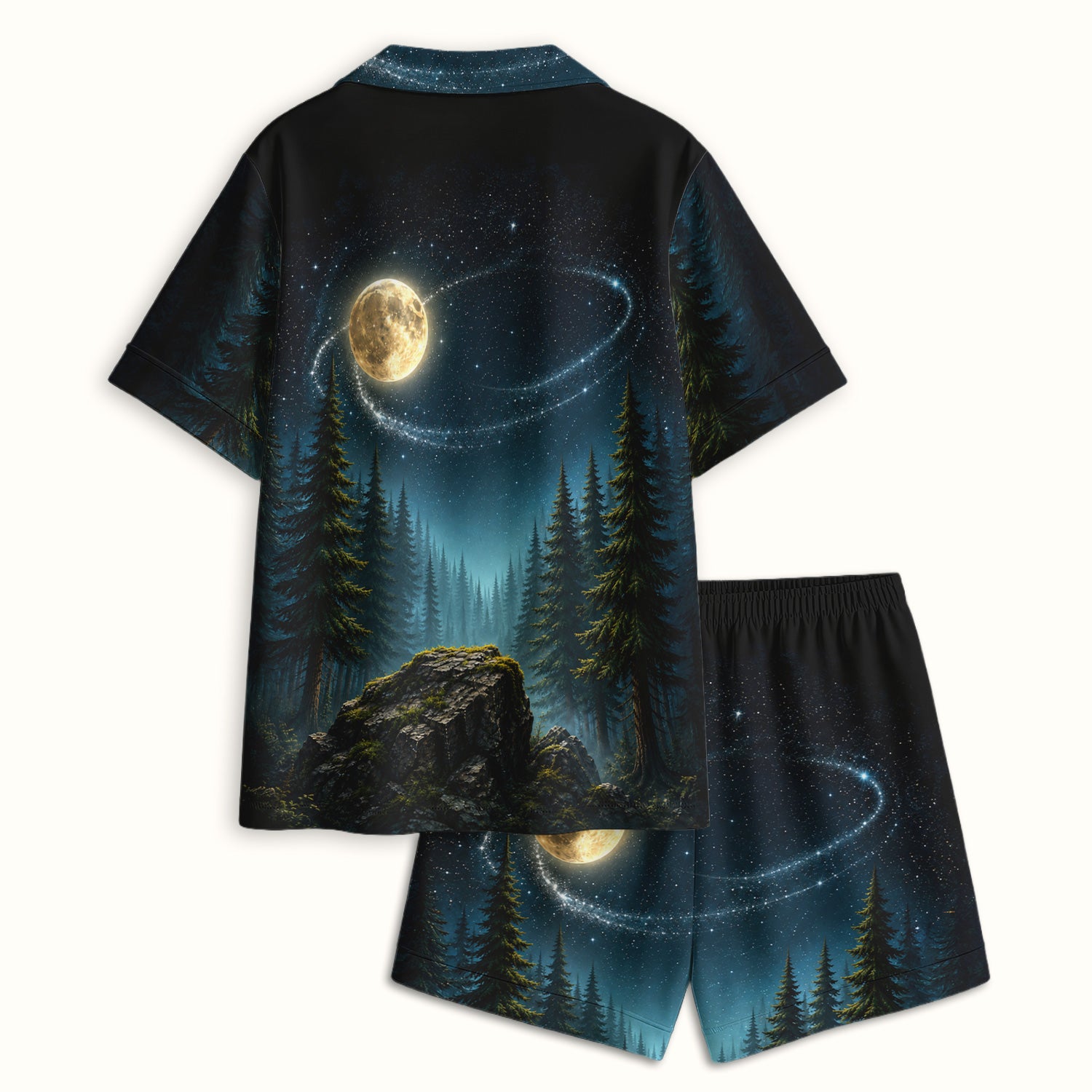 Raccoon On A Moonlit Branch Print Pajama Set, Soft Breathable Fabric Comfortable Sleepwear