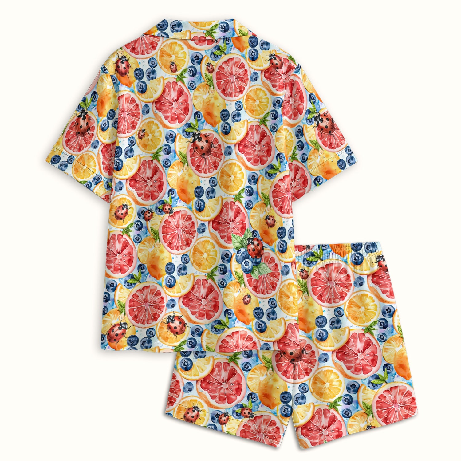 Cute Citrus Berry Ladybug Pattern Pajama Set, Soft Breathable Fabric Comfortable Sleepwear
