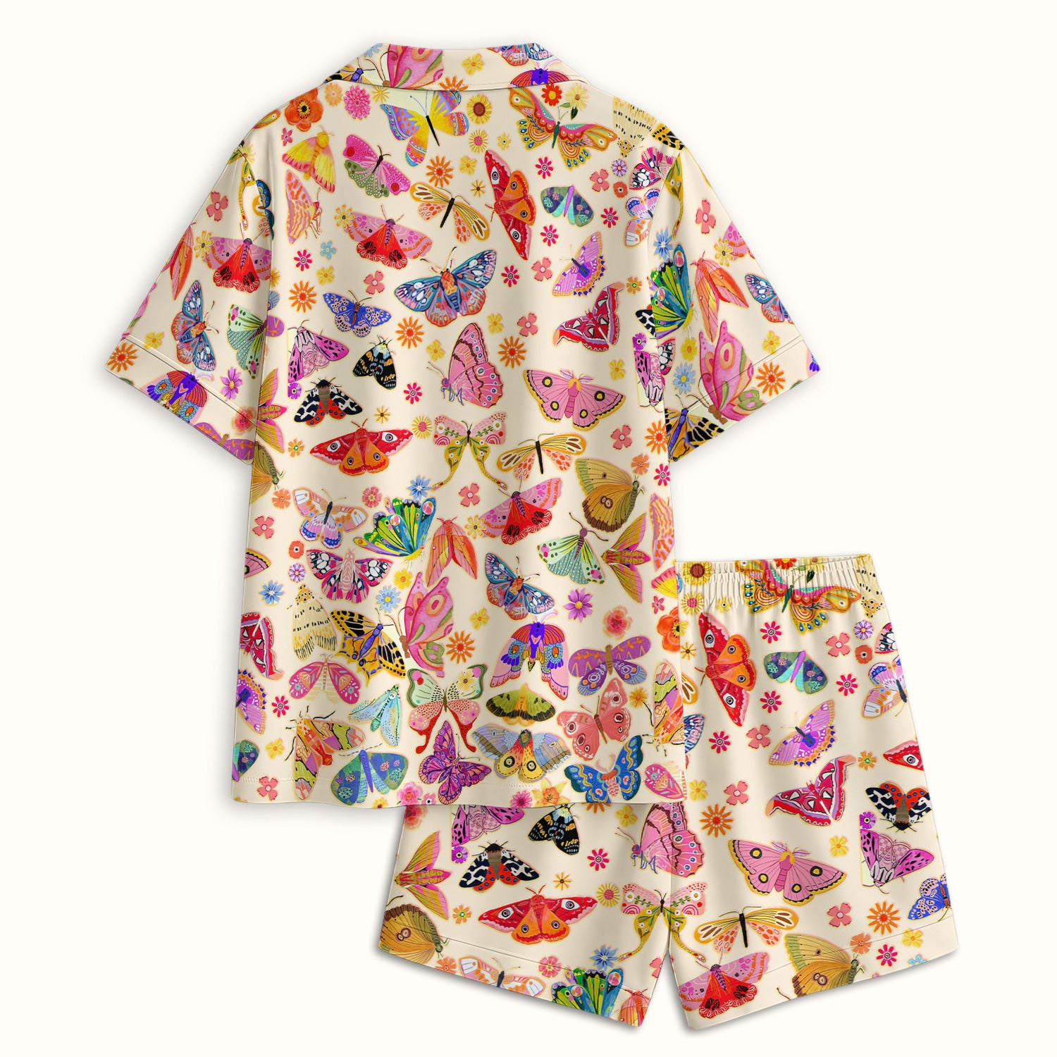 Colorful Butterfly Floral Pattern Pajama Set, Soft Breathable Fabric Comfortable Sleepwear