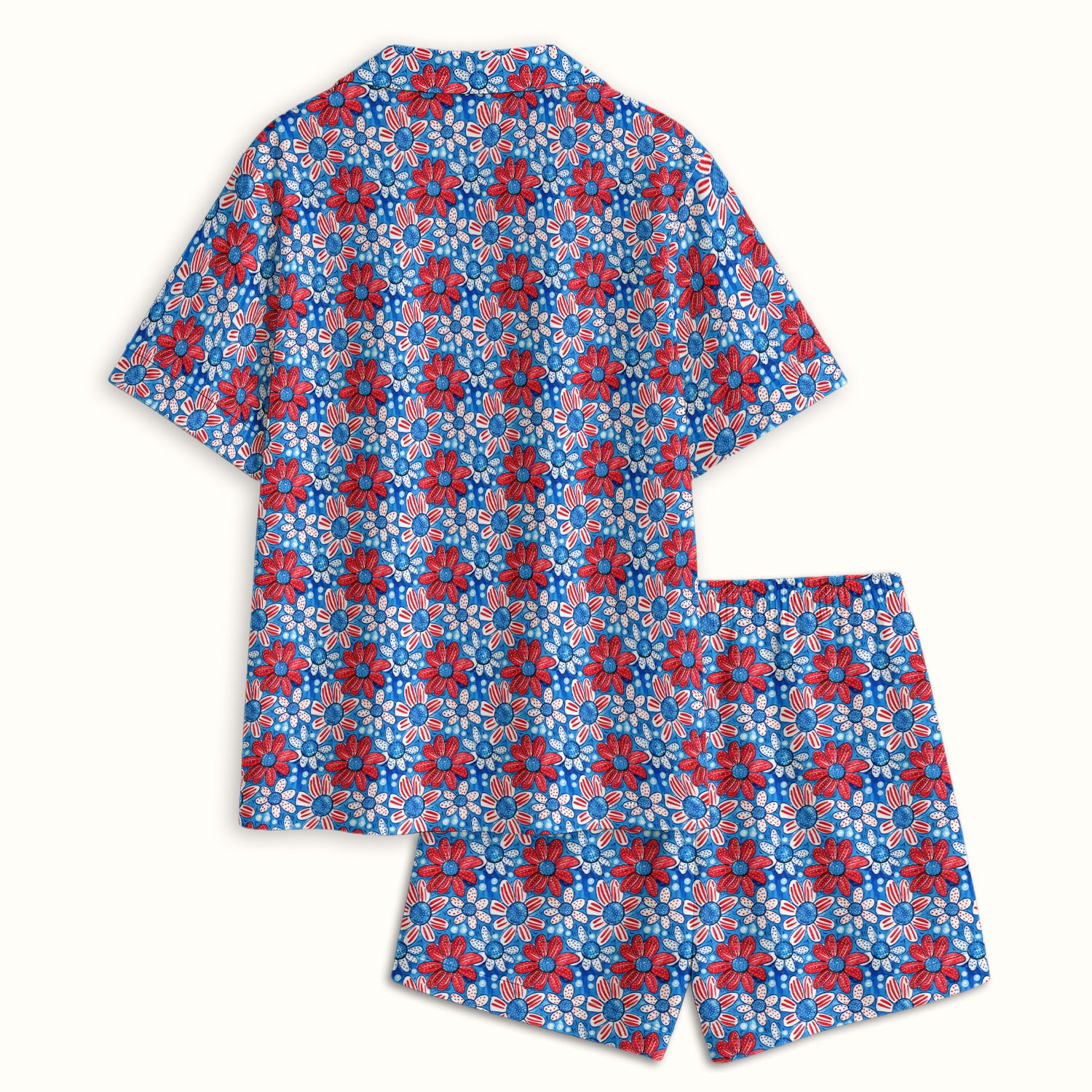Cute Patriotic Daisy Blossom Repeat Pattern Pajama Set, Soft Breathable Fabric Comfortable Sleepwear