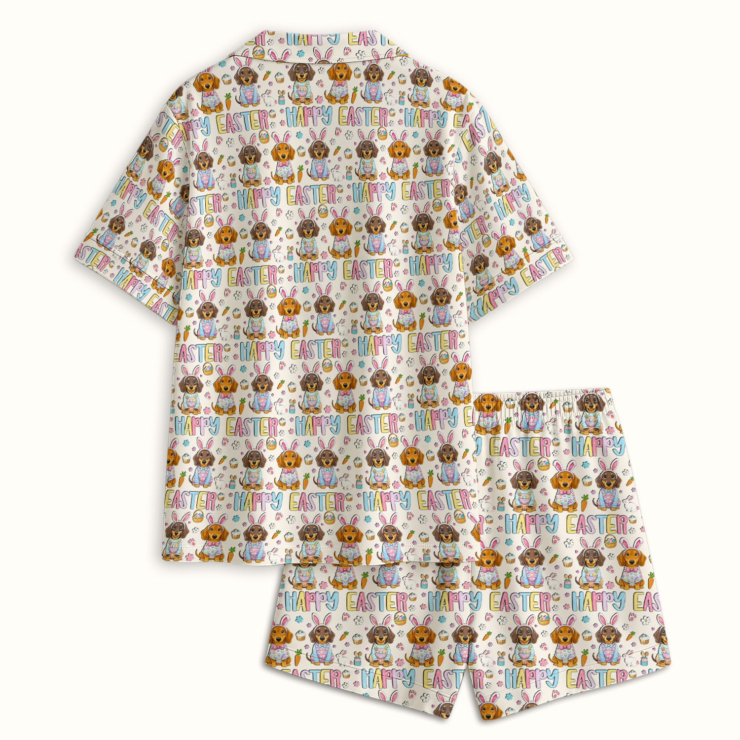 Happy Easter Dachshund Bunny Print Pajama Set, Breathable Fabrics Uniform