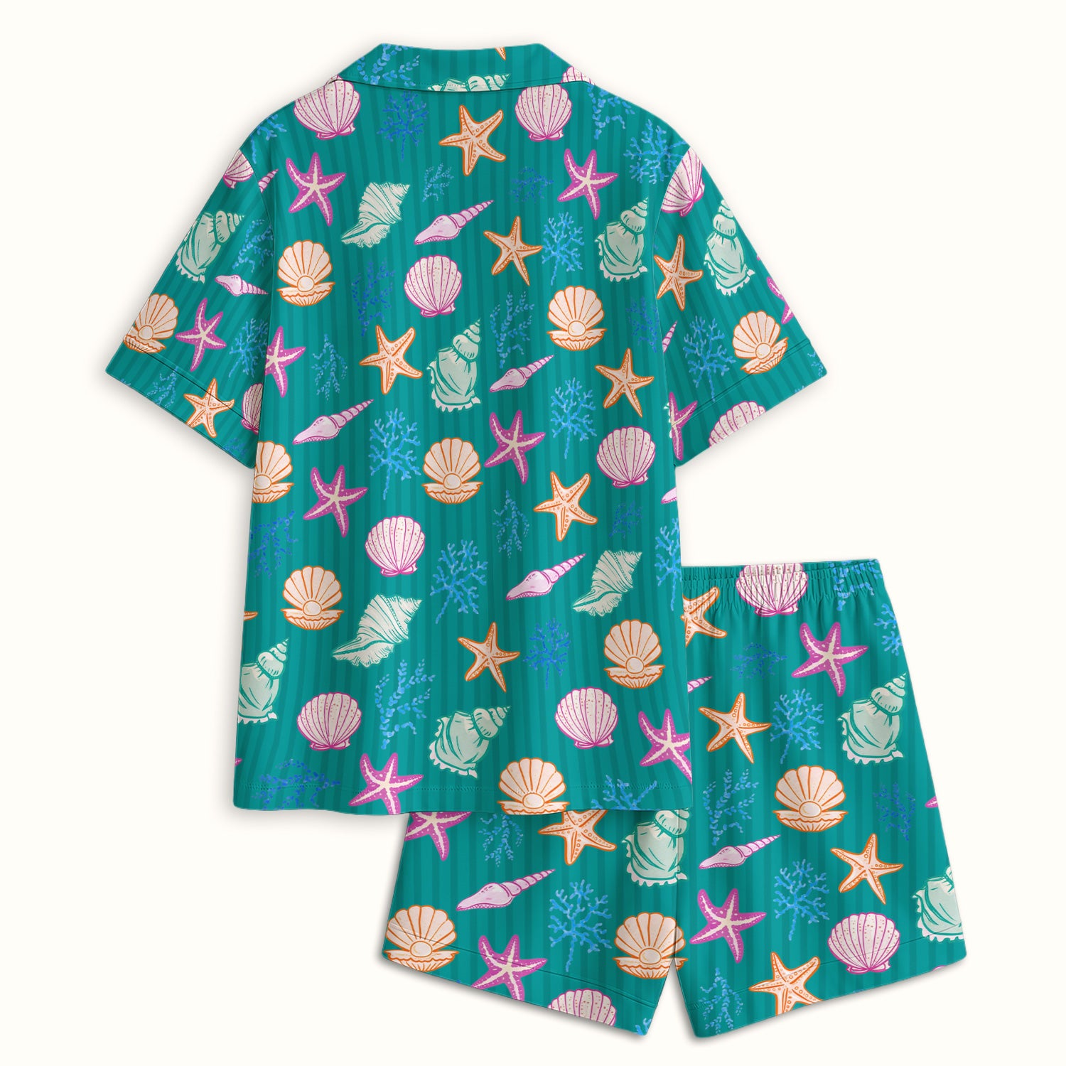 Colorful Seashell Starfish Ocean Stripe Pattern Pajama Set, Breathable Fabrics Uniform