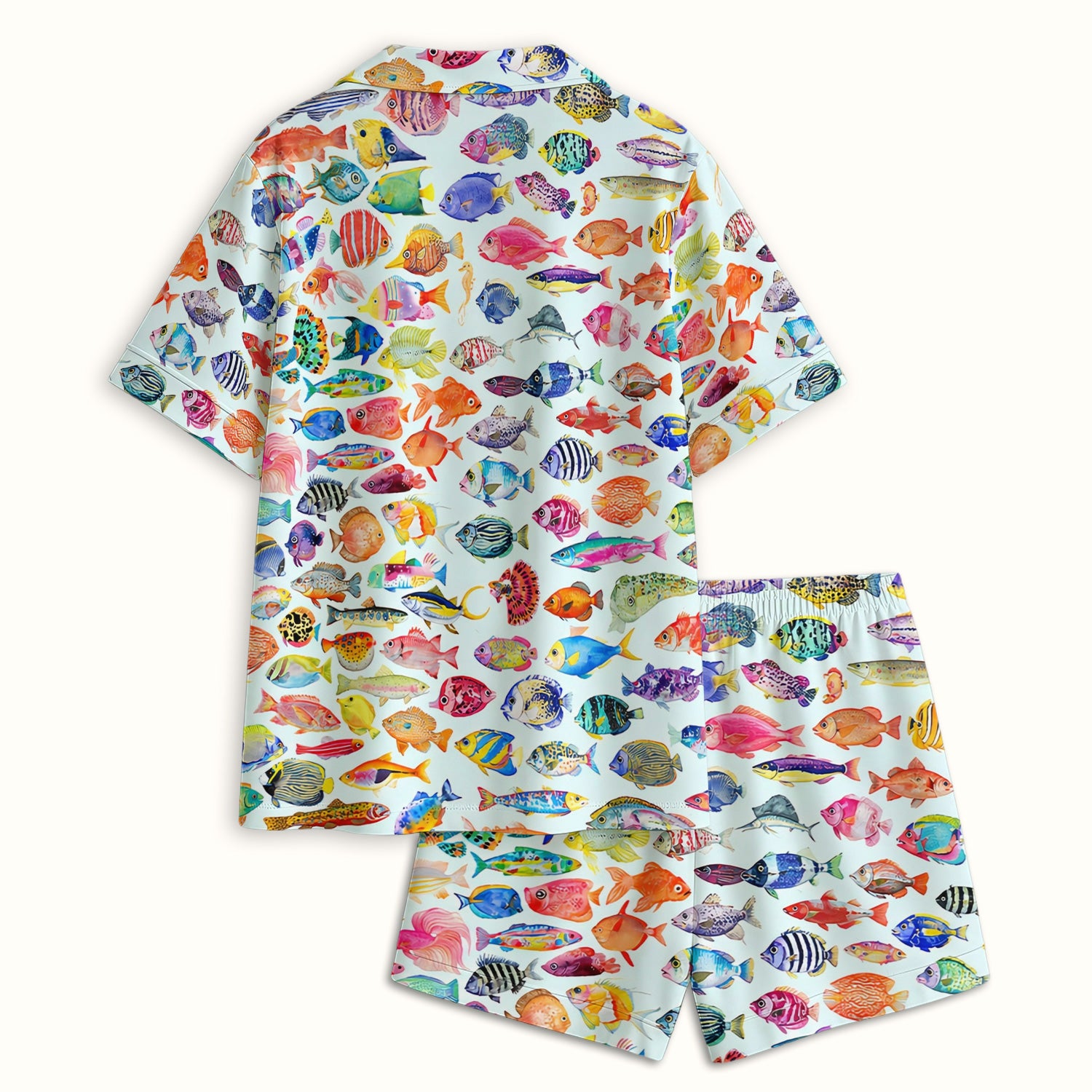 Colorful Tropical Fish Print Pajama Set, Soft Breathable Fabric Comfortable Sleepwear