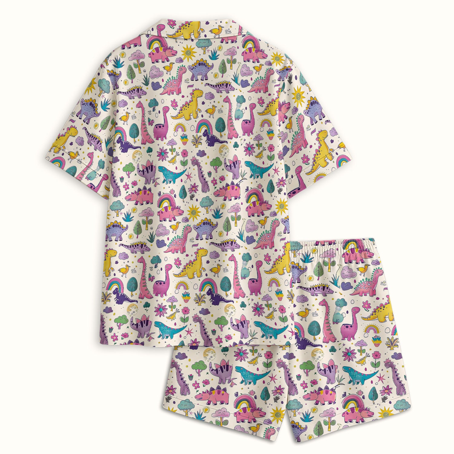 Cute Dinosaur Rainbow Pattern Pajama Set, Soft Breathable Fabric Comfortable Sleepwear