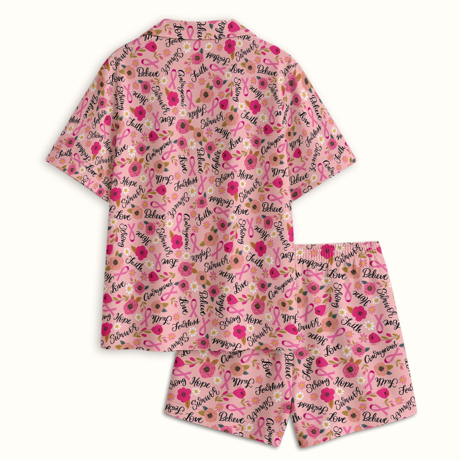 Breast Cancer Awareness Oncology with Pink Ribbon Floral Pattern Pajama Set, Soft Breathable Fabric Comfortable Sleepwear