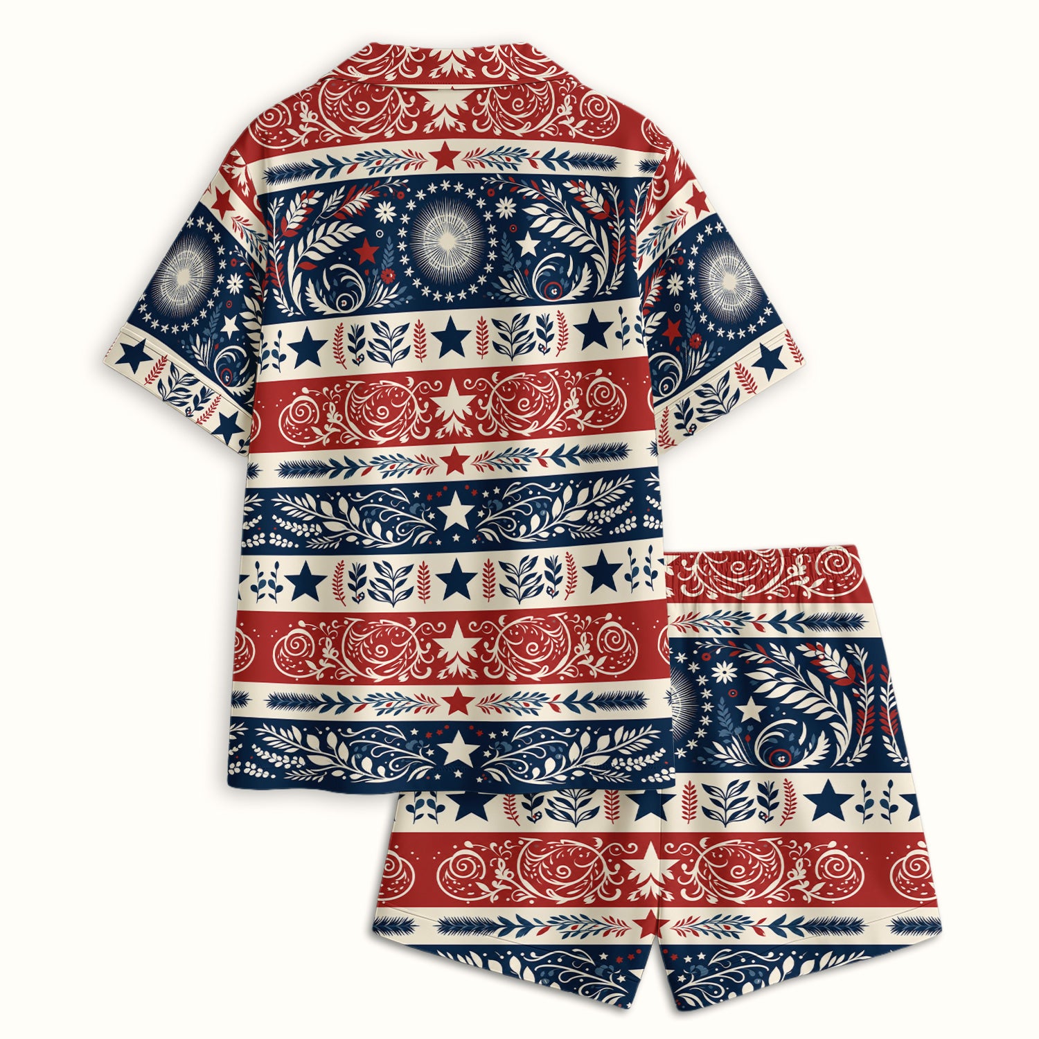 Patriotic Americana Starburst Floral Pattern Pajama Set, Soft Breathable Fabric Comfortable Sleepwear