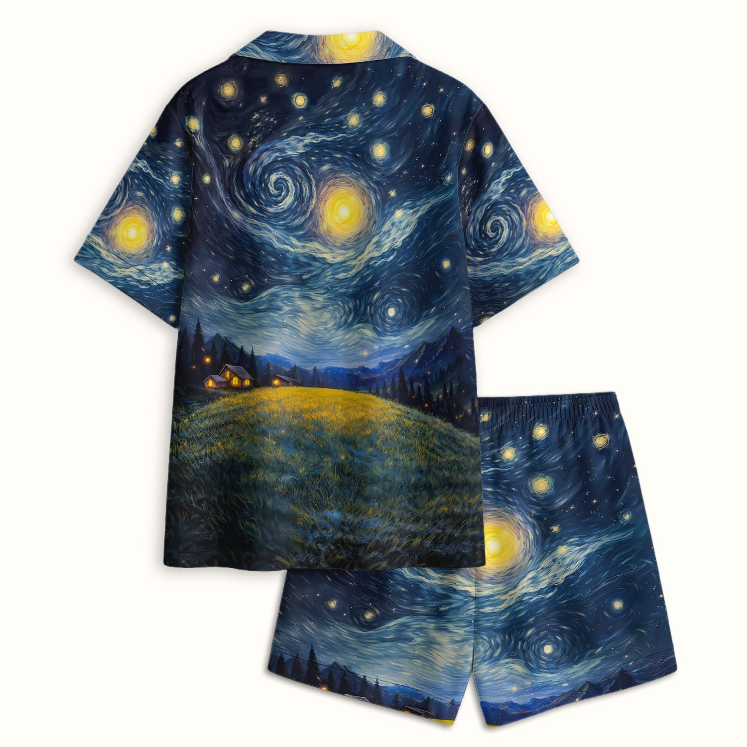 Starry Night Black Cat Heart Art  Pajama Set, Breathable Fabrics Uniform