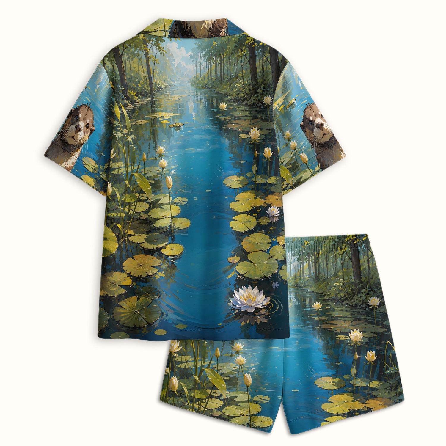 Cute Otter Pond Pattern Pajama Set, Soft Breathable Fabric Comfortable Sleepwear