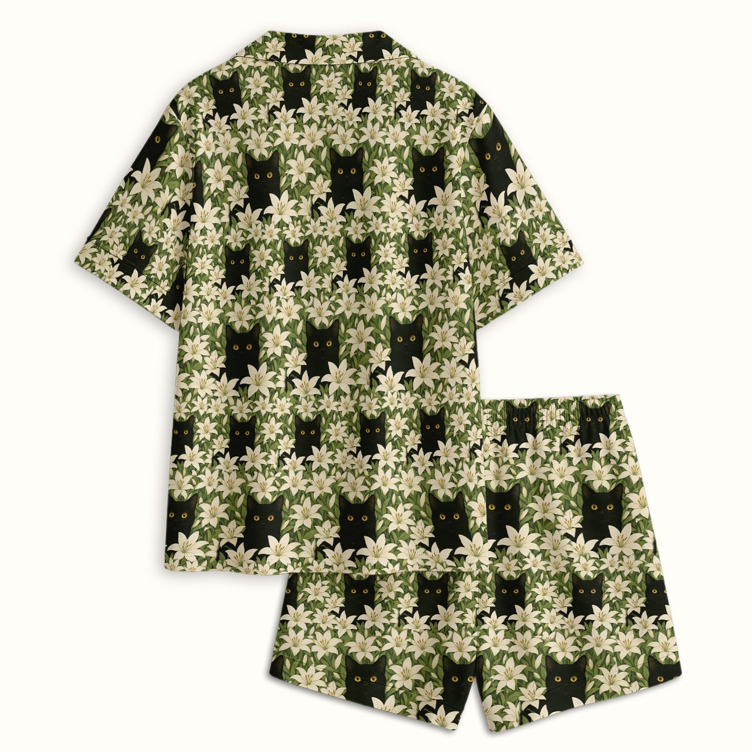 Black Cat Hidden In Lily Garden Pattern Pajama Set,  Breathable Fabrics Uniform