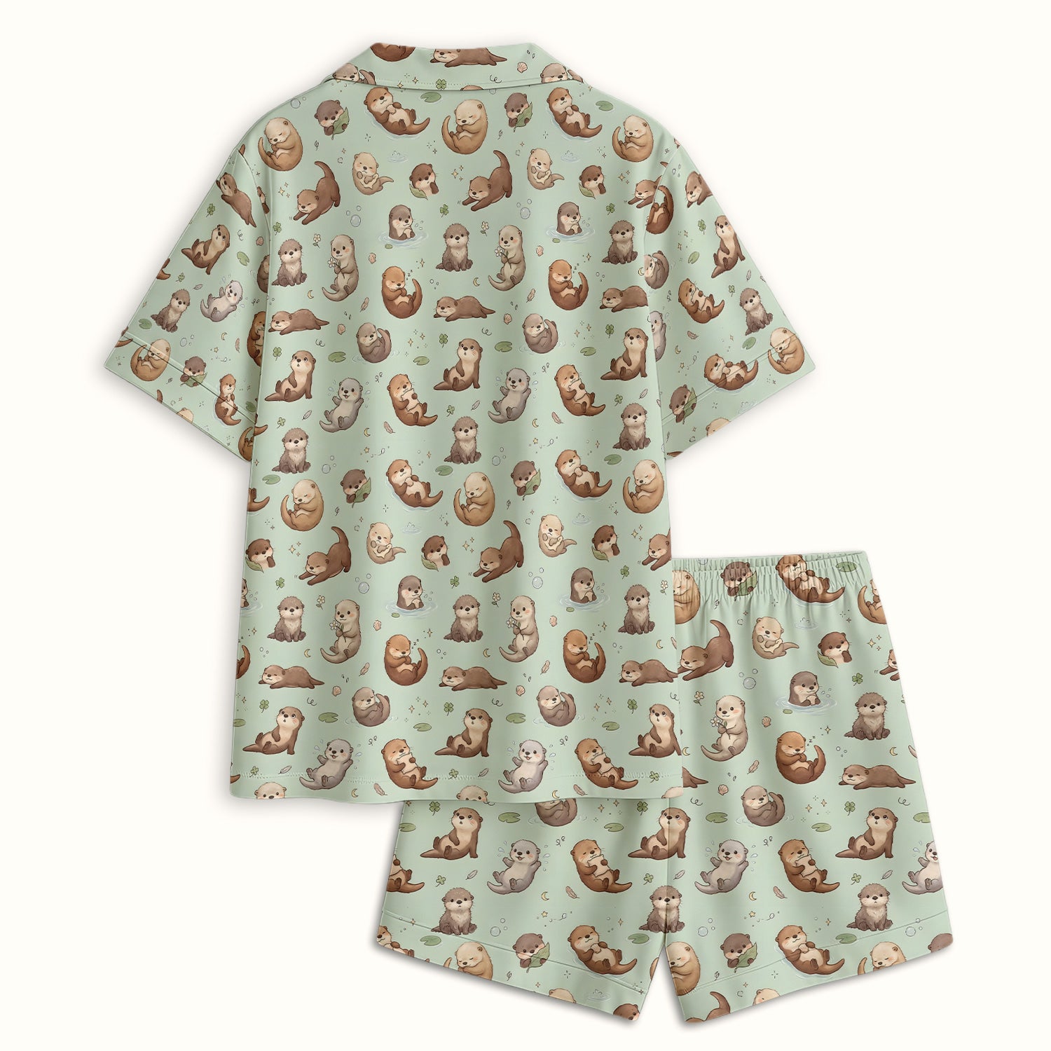 Cute Otter Pattern Pajama Set, Soft Breathable Fabric Comfortable Sleepwear