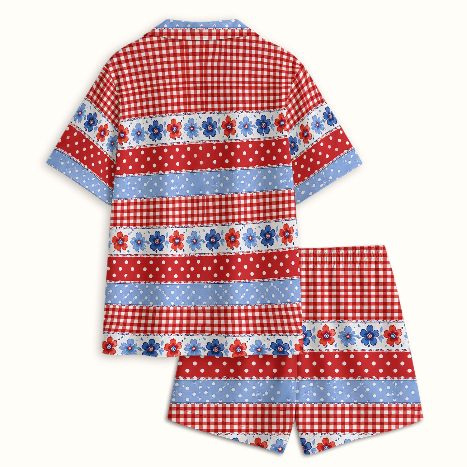 Patriotic Gingham Bow Floral Pattern Pajama Set, Soft Breathable Fabric Comfortable Sleepwear