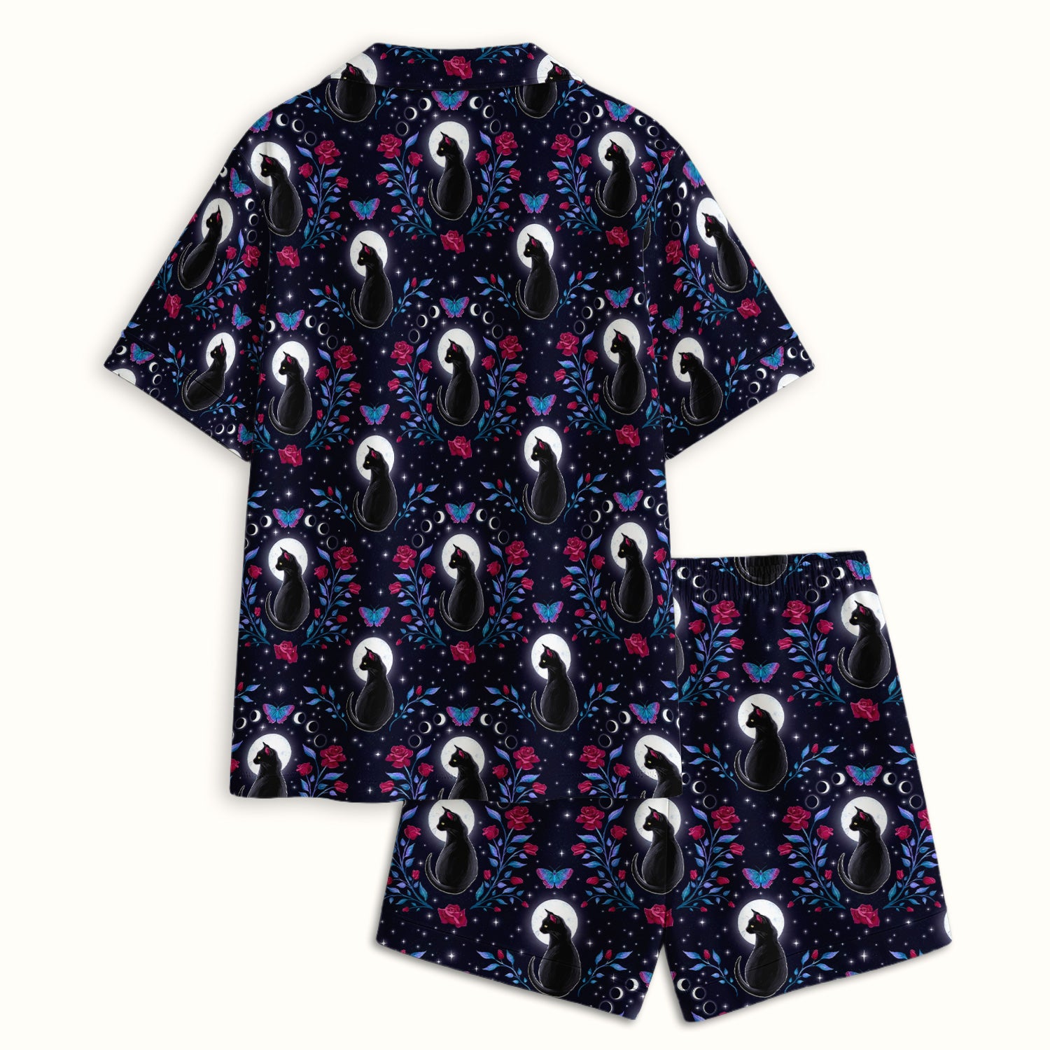 Black Cat Moon Rose Print Pajama Set, Soft Breathable Fabric Comfortable Sleepwear