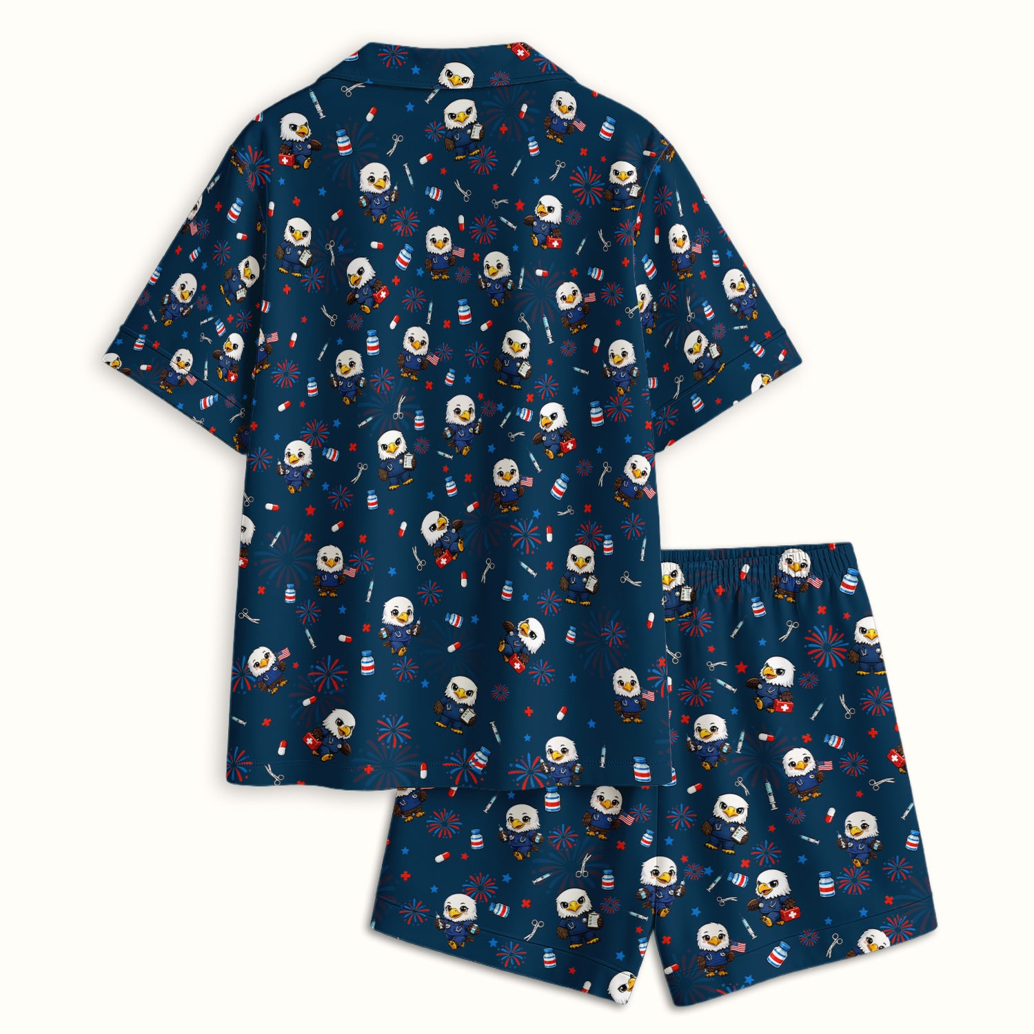 Patriotic Nurse Eagle Fireworks Medical Pattern Pajama Set, Breathable Fabrics Uniform