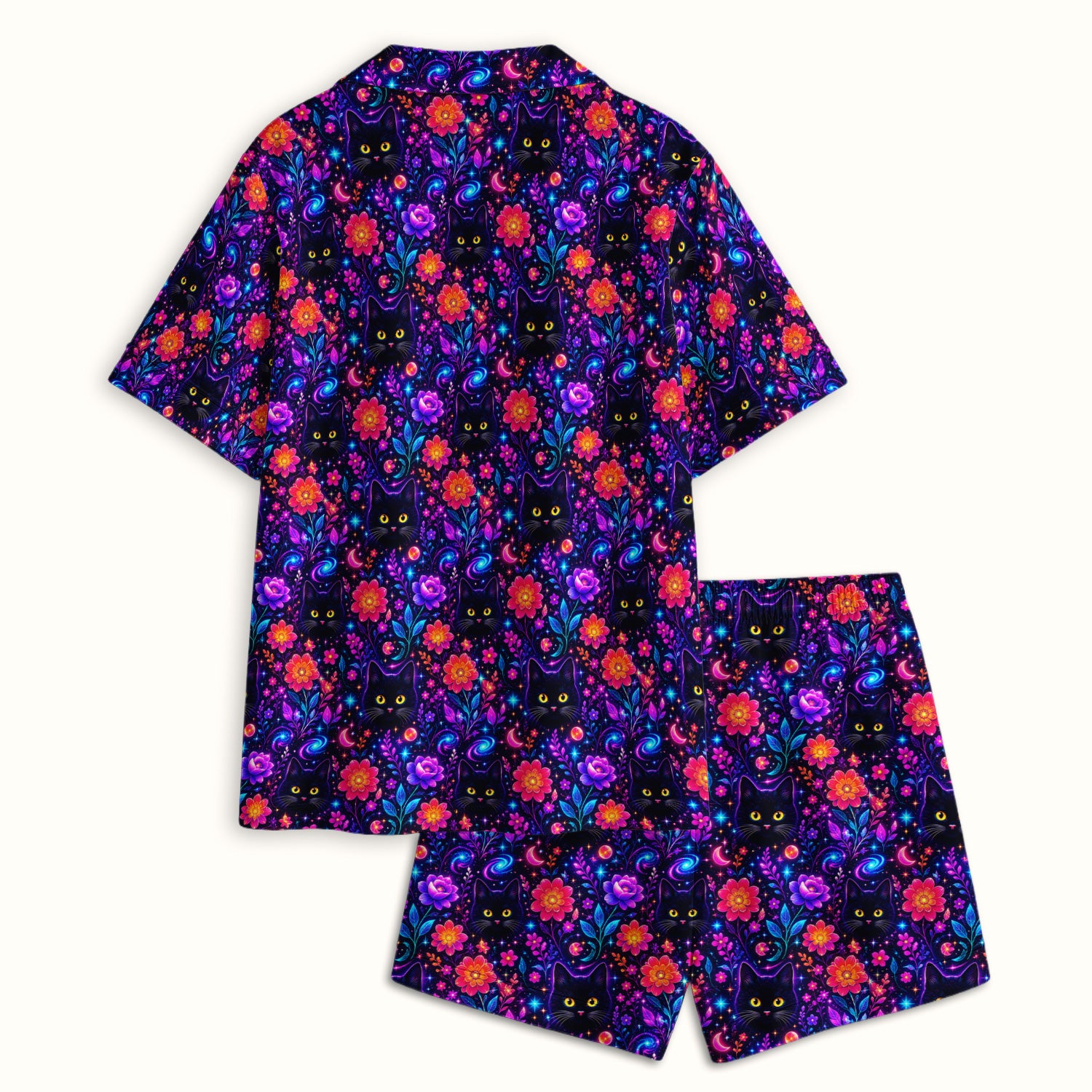 Galaxy Black Cat Floral Pattern Pajama Set, Soft Breathable Fabric Comfortable Sleepwear