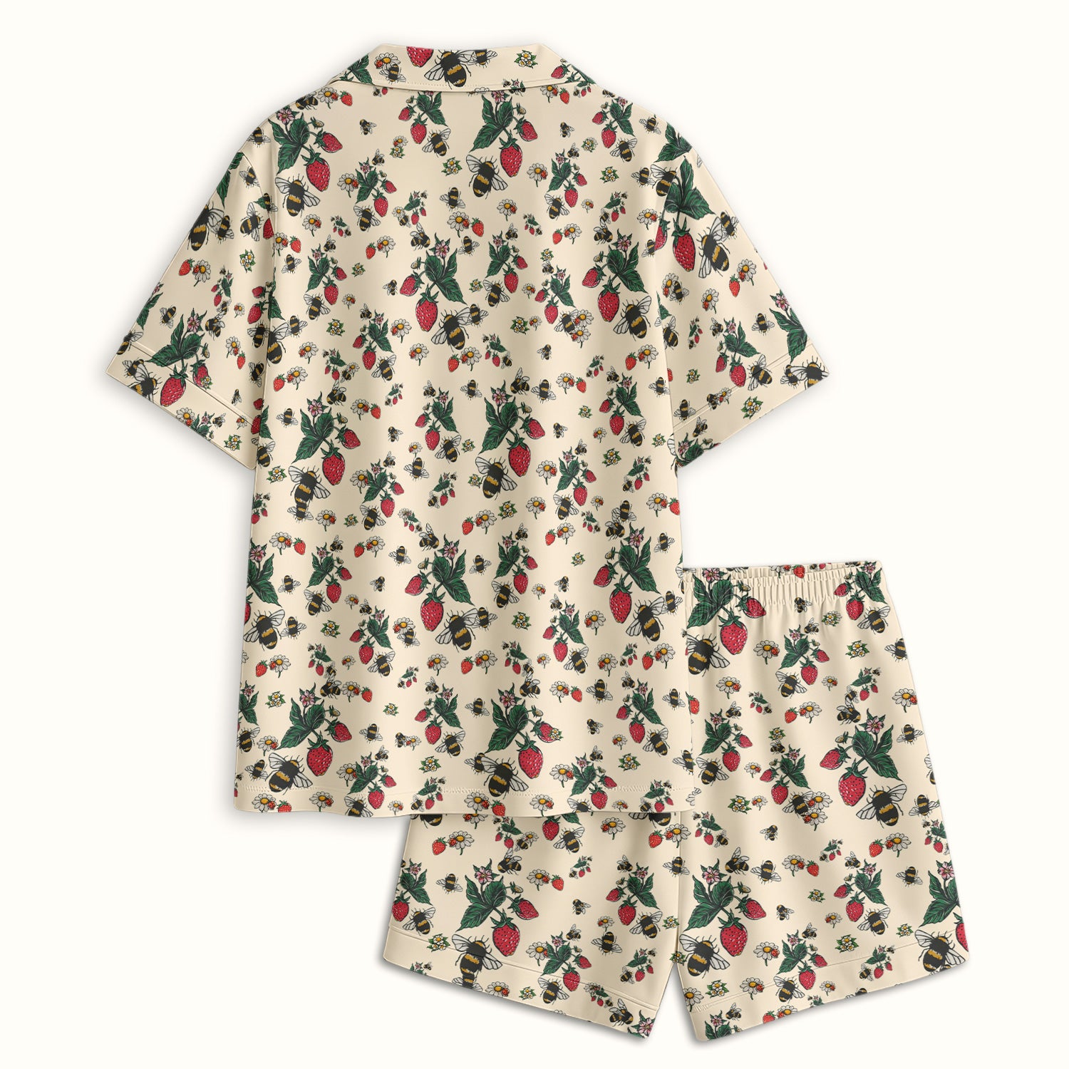 Cute Strawberry Bee Daisy Floral Pattern Pajama Set, Breathable Fabrics Uniform