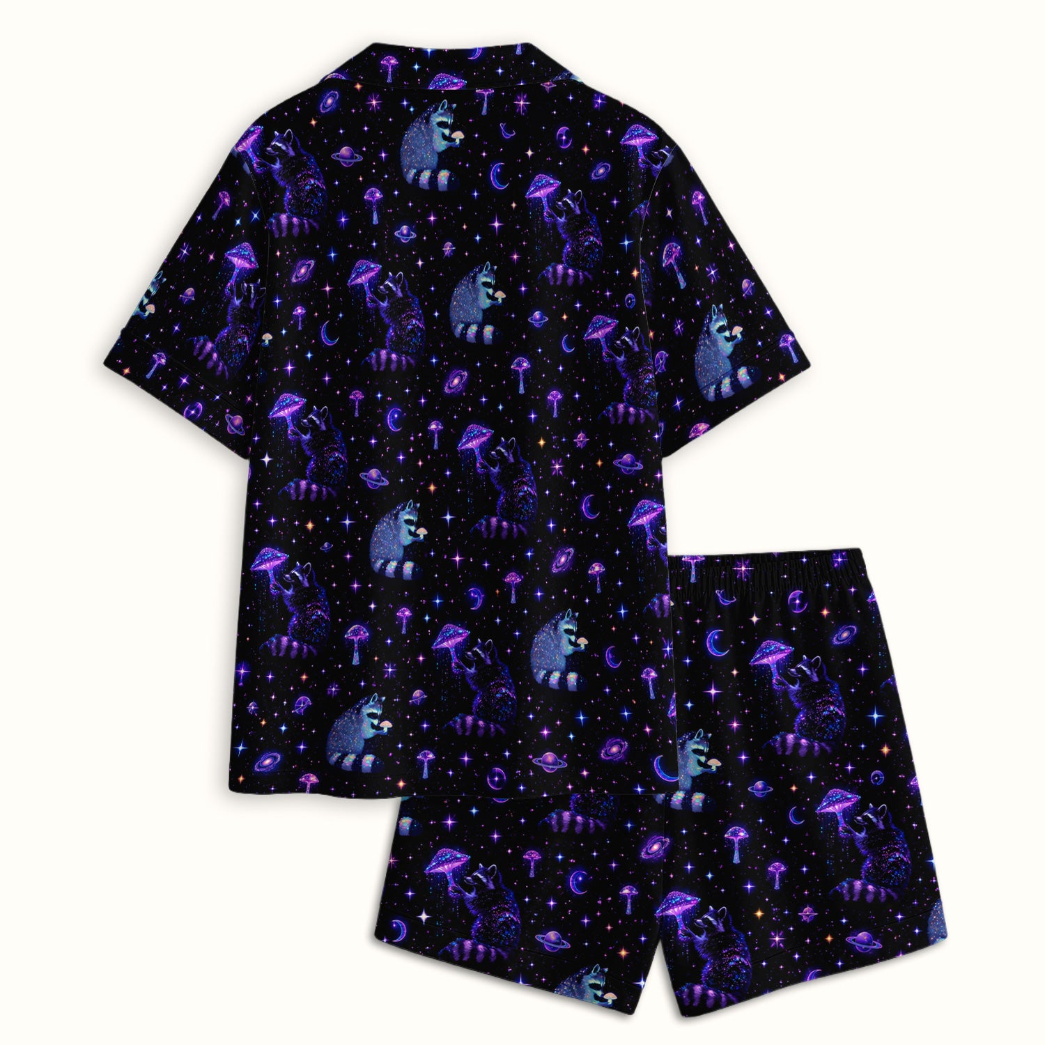 Cute Raccoon Mushroom Galaxy Pattern Pajama Set, Soft Breathable Fabric Comfortable Sleepwear