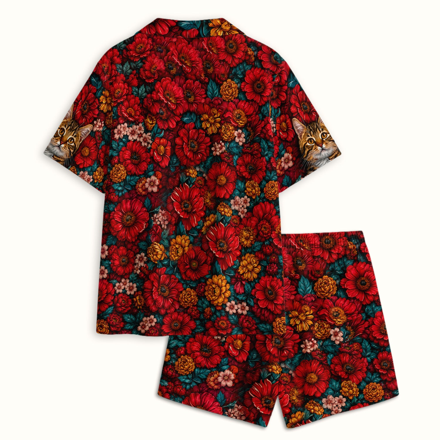 Adorable Tabby Cat Floral Garden Pattern Pajama Set, Soft Breathable Fabric Comfortable Sleepwear