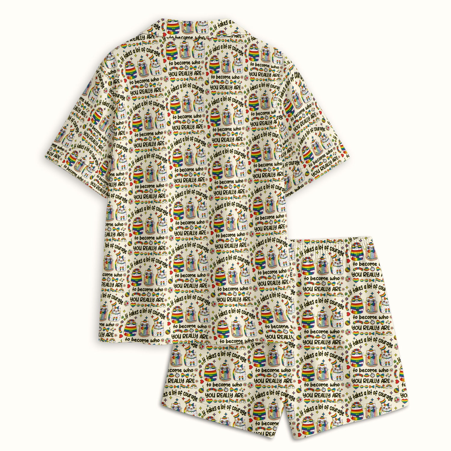 Inspirational Nurse Rainbow Cat Courage Quote Pattern Pajama Set, Breathable Fabrics Uniform