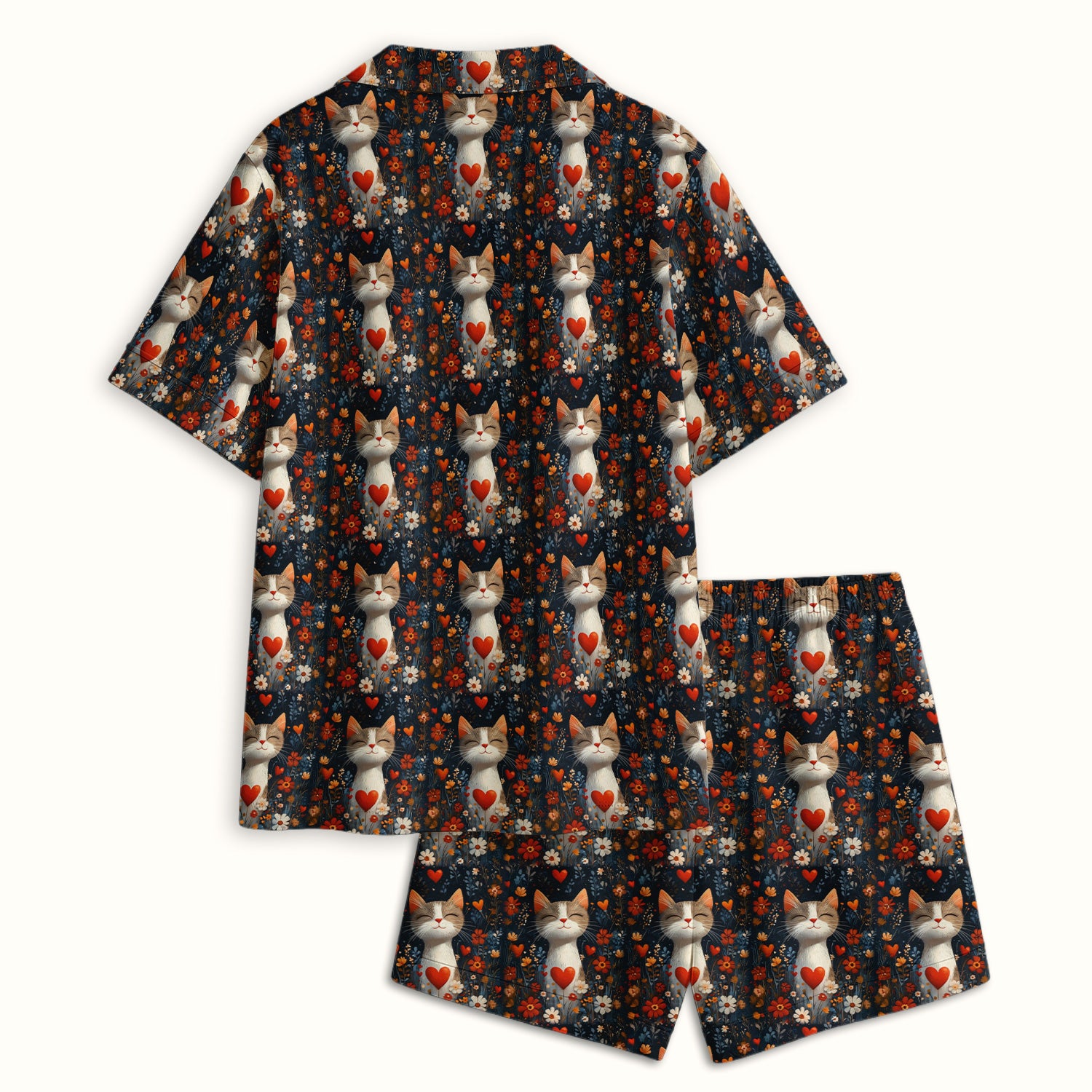 Cat Heart Floral Garden Pattern Pajama Set, Breathable Fabrics Uniform
