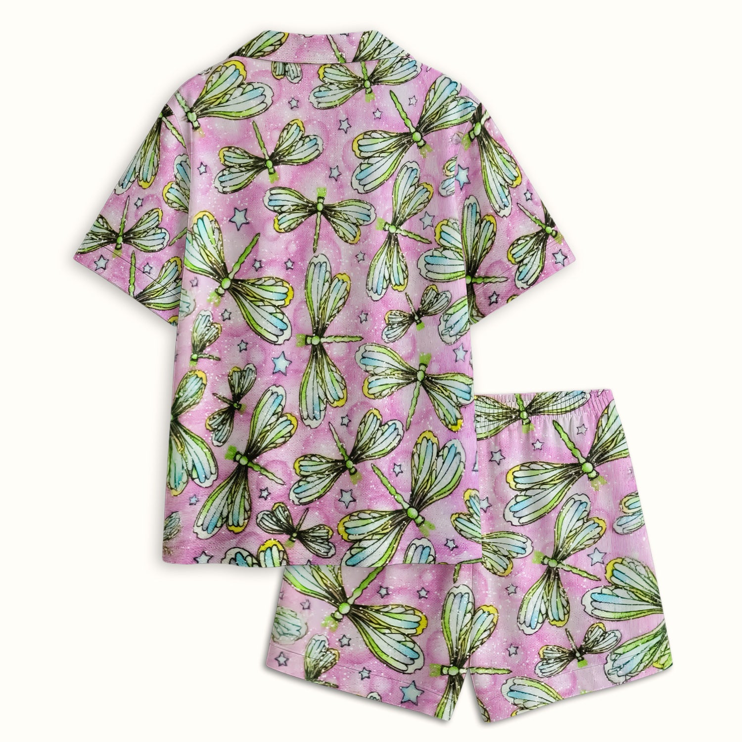 Dragonfly On Pink Starry Background Pajama Set, Breathable Fabrics Uniform