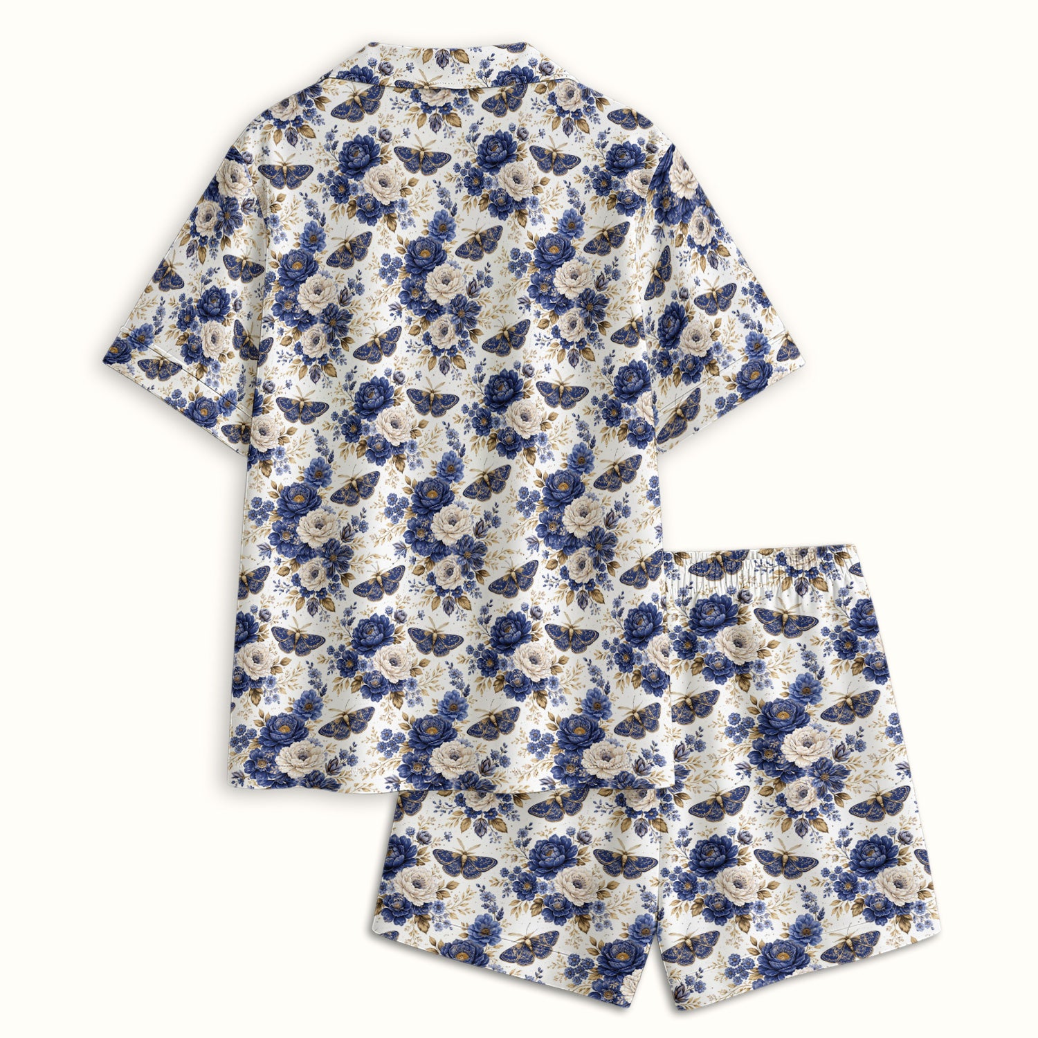 Cute Blue Floral Moth Pattern Pajama Set, Soft Breathable Fabric Comfortable Sleepwear