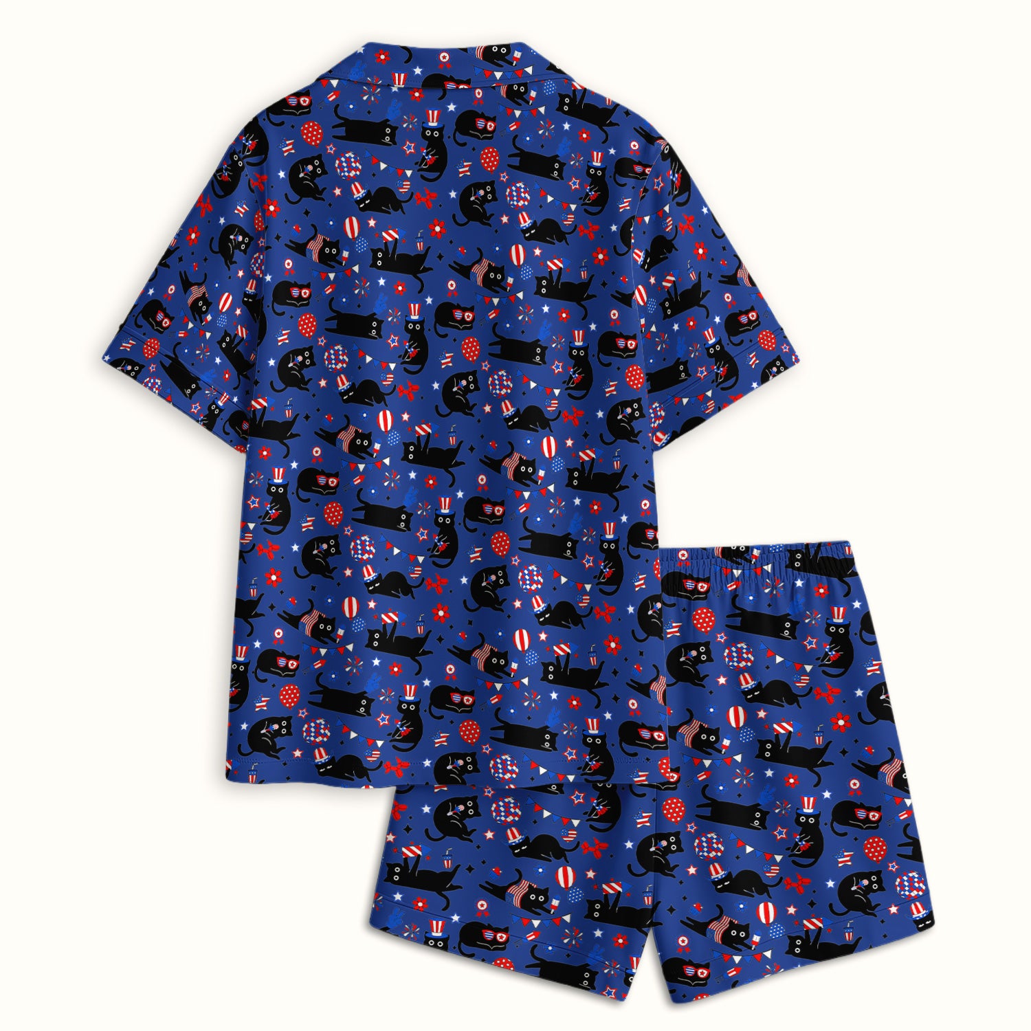 Patriotic Black Cat Pattern Pajama Set, Soft Breathable Fabric Comfortable Sleepwear