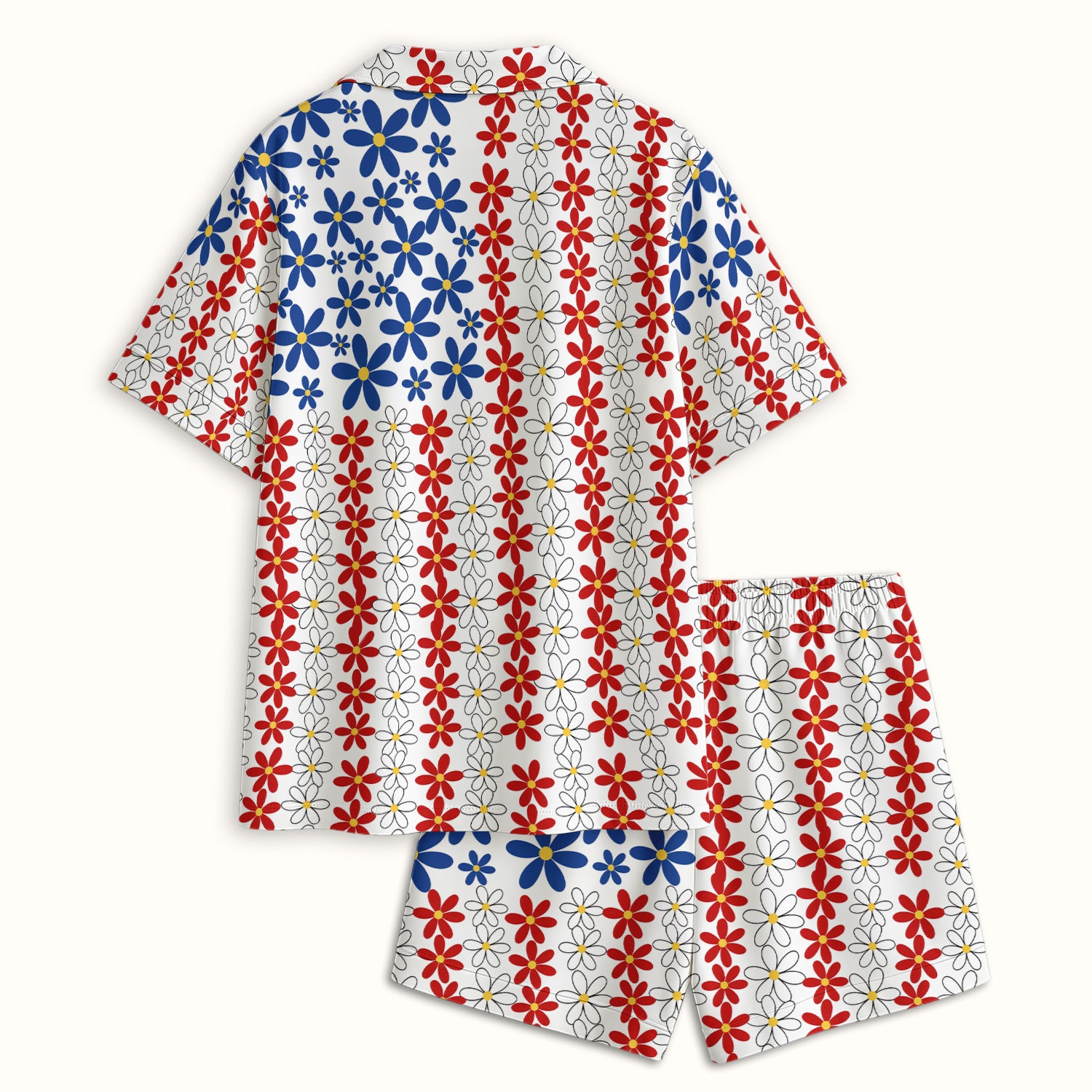 Retro Red Blue Daisy Stripe Pattern Pajama Set, Soft Breathable Fabric Comfortable Sleepwear