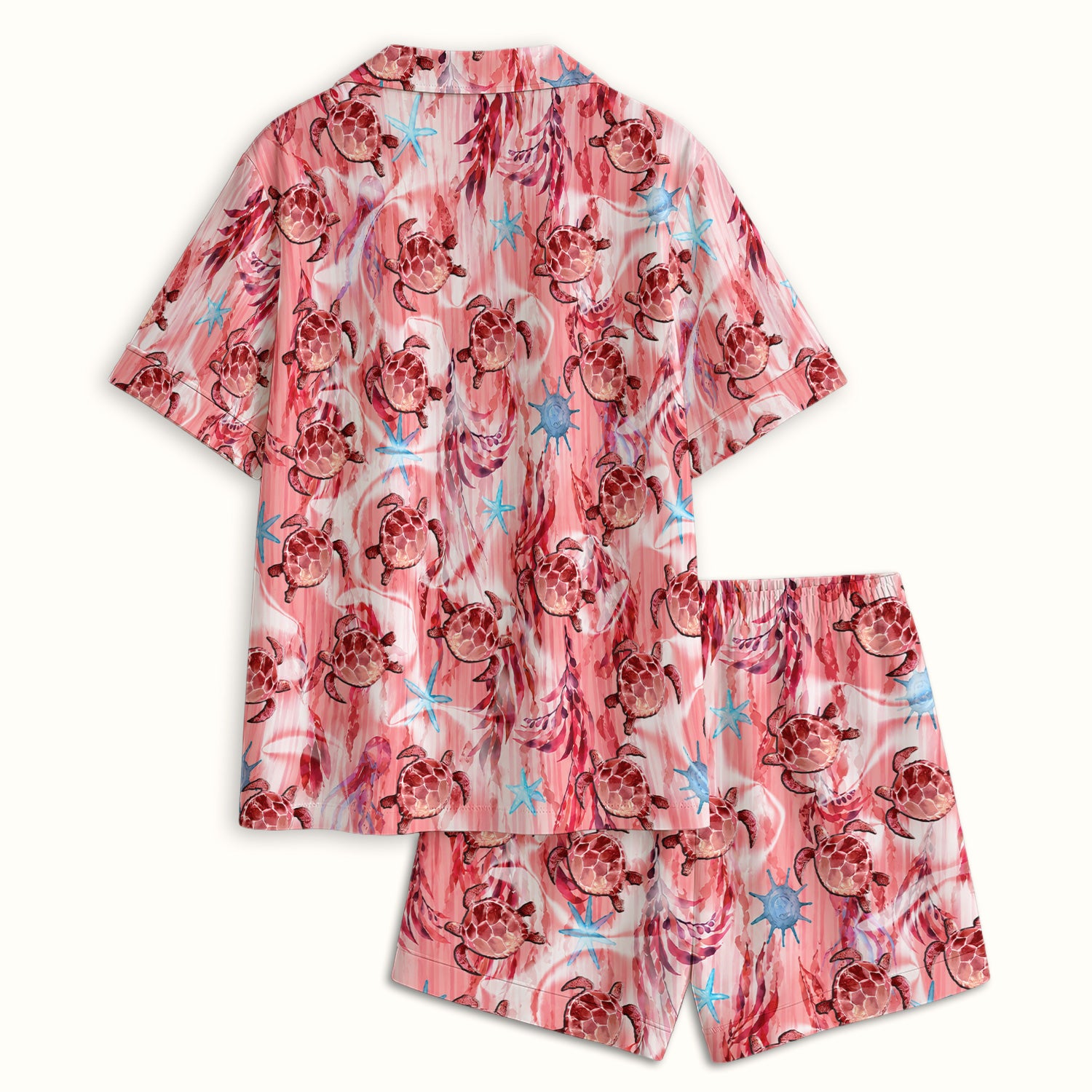Pink Sea Turtle Ocean Pattern Pajama Set, Soft Breathable Fabric Comfortable Sleepwear