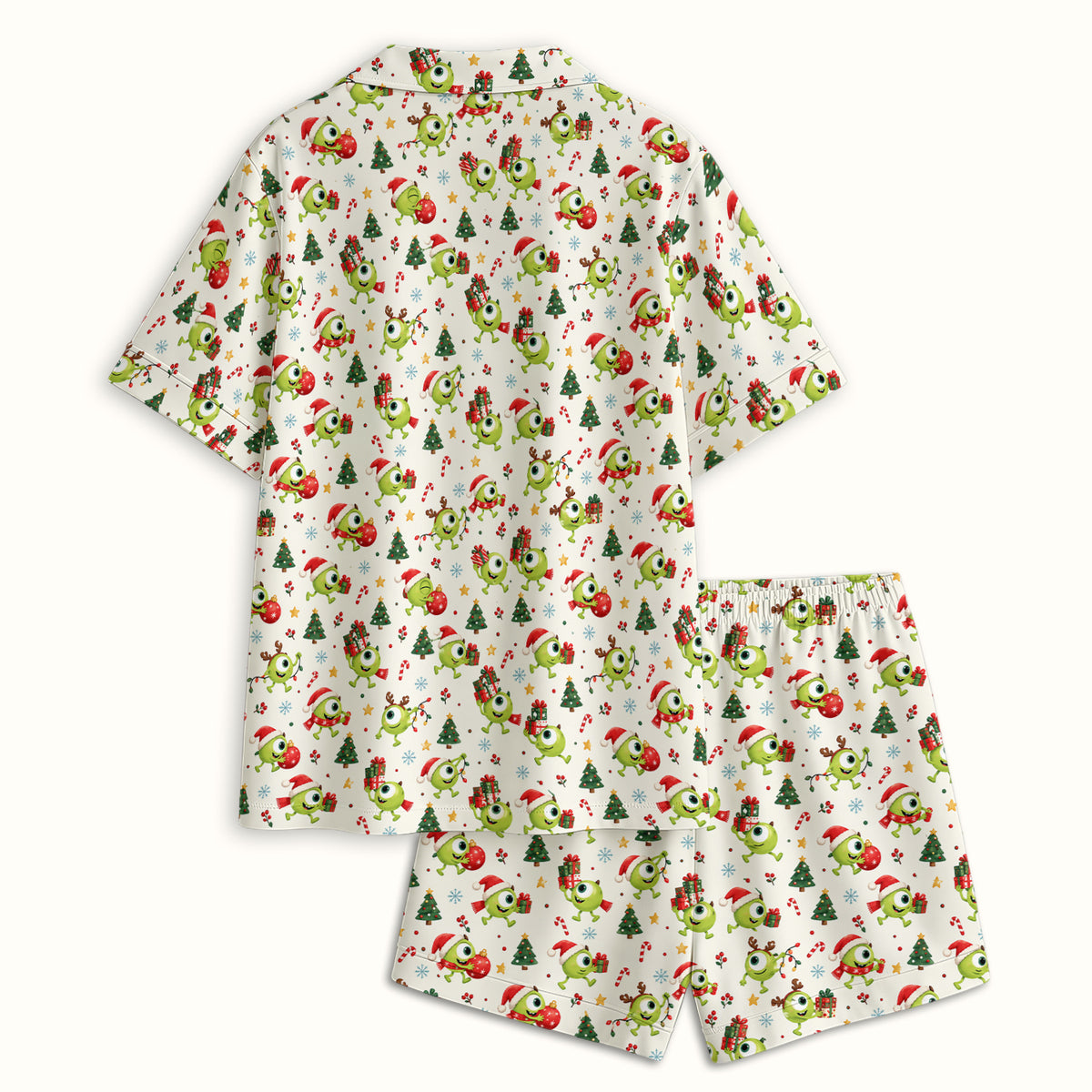 Christmas One Eyed Green Monsters Pajama Set, Soft Breathable Fabric Comfortable Sleepwear