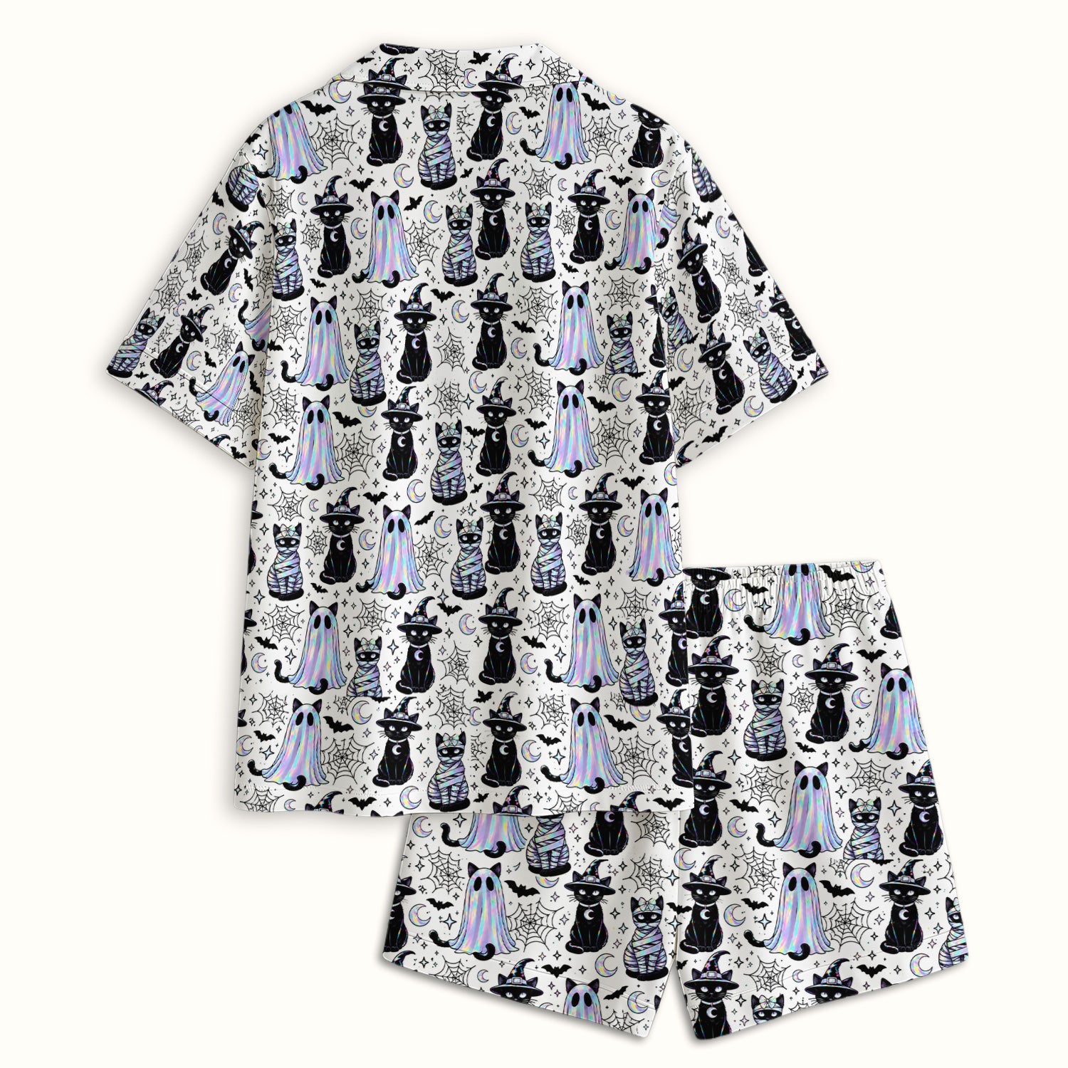 Ghost Witch Cat Pattern Pajama Set, Soft Breathable Fabric Comfortable Sleepwear