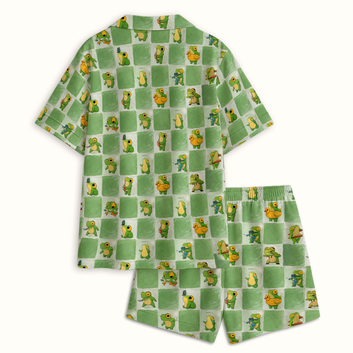 Cute Frog Duck Checkerboard Pattern Pajama Set, Breathable Fabrics Uniform