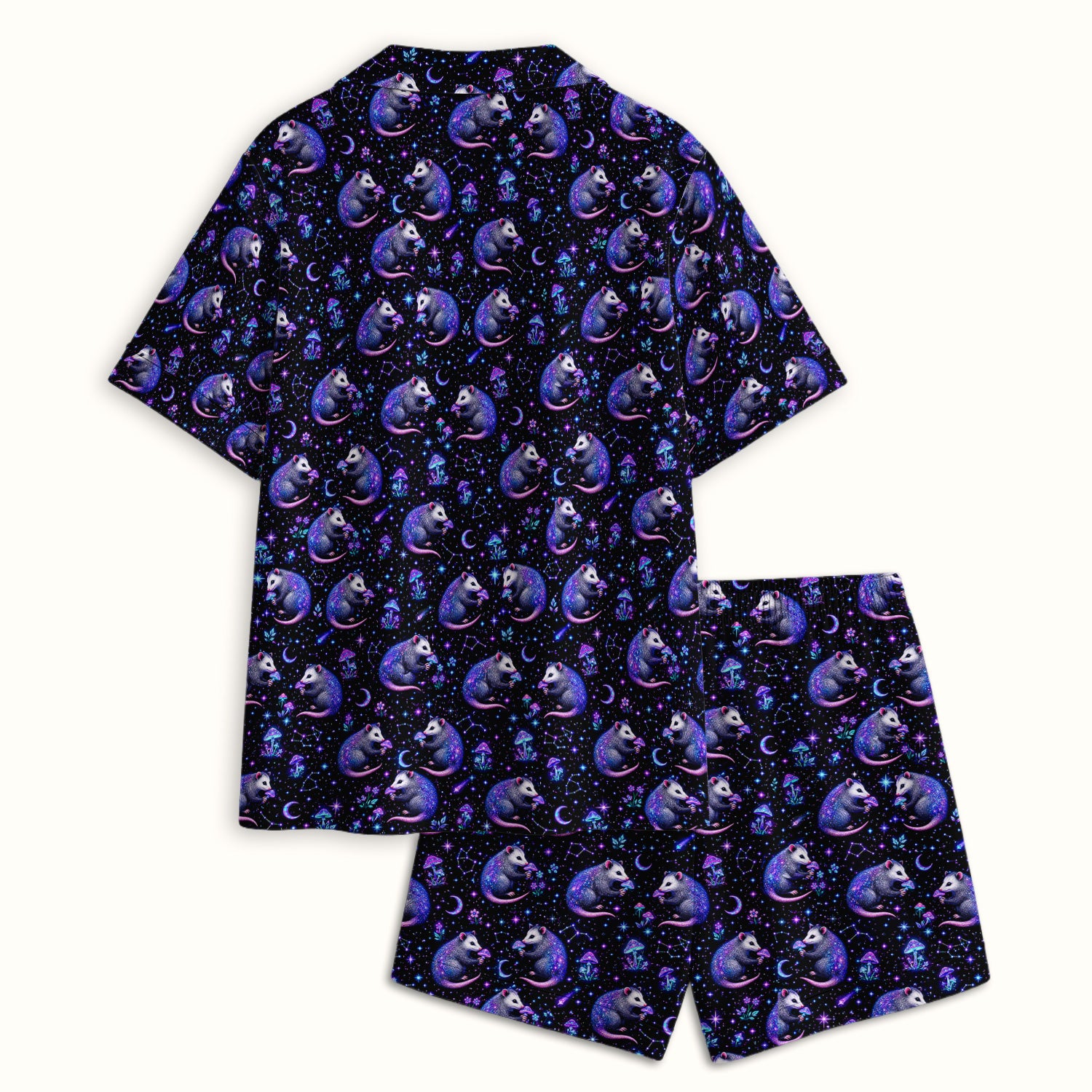 Celestial Purple Opossum With Mushroom Pattern Pajama Set, Soft Breathable Fabric Comfortable Sleepwear